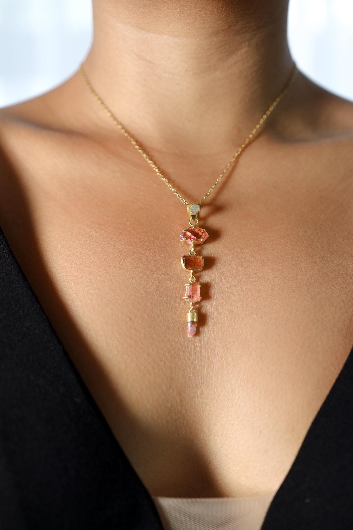 Crowned Blue Moonstone & All-Pink Tourmaline Wonder Pendant, 18K Gold-Plated Sterling Silver, Libra and Cancer Zodiac, Unique Gift