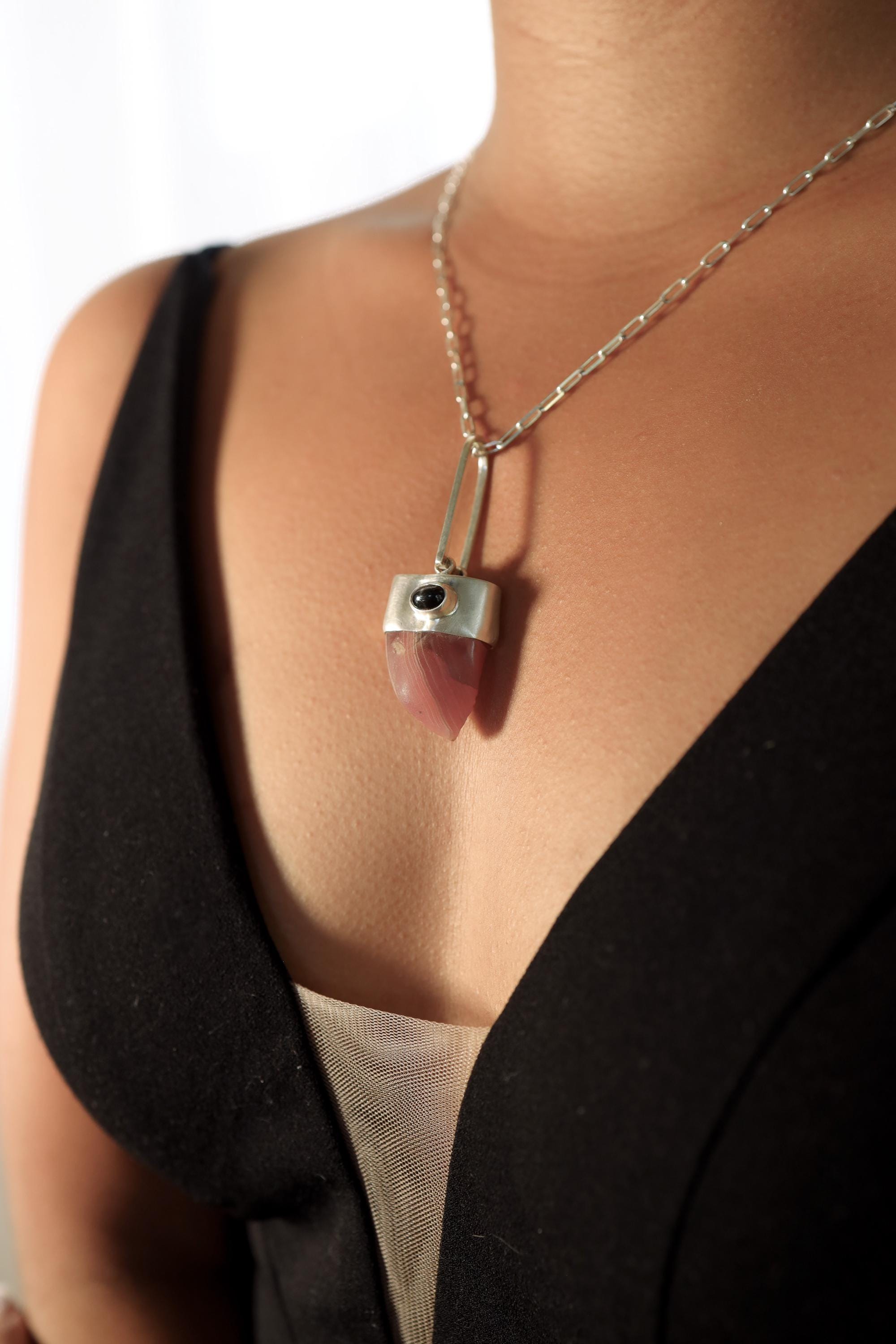 Tooth-shaped gemmy Hand-Polished Rhodochrosite Pendant with Fancy Oval Dark Star Sapphire Cabochon, Heart & Third Eye Chakra, Unique Gift