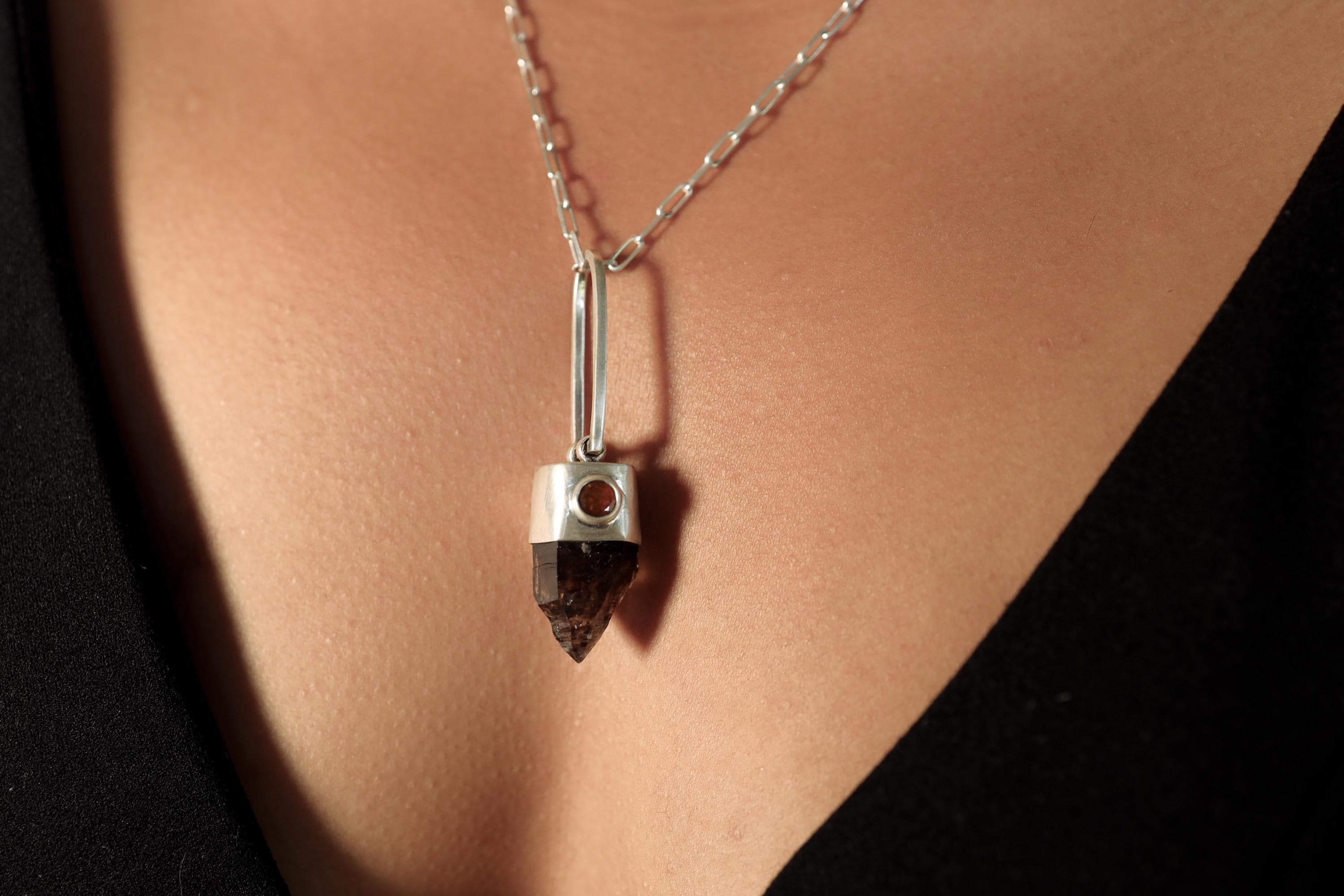 Rare Australian Morella Smoky Quartz Point Pendant with Oval Faceted Red Kyanite Gem, Sterling Silver, Root & Heart Chakra, Unique Gift