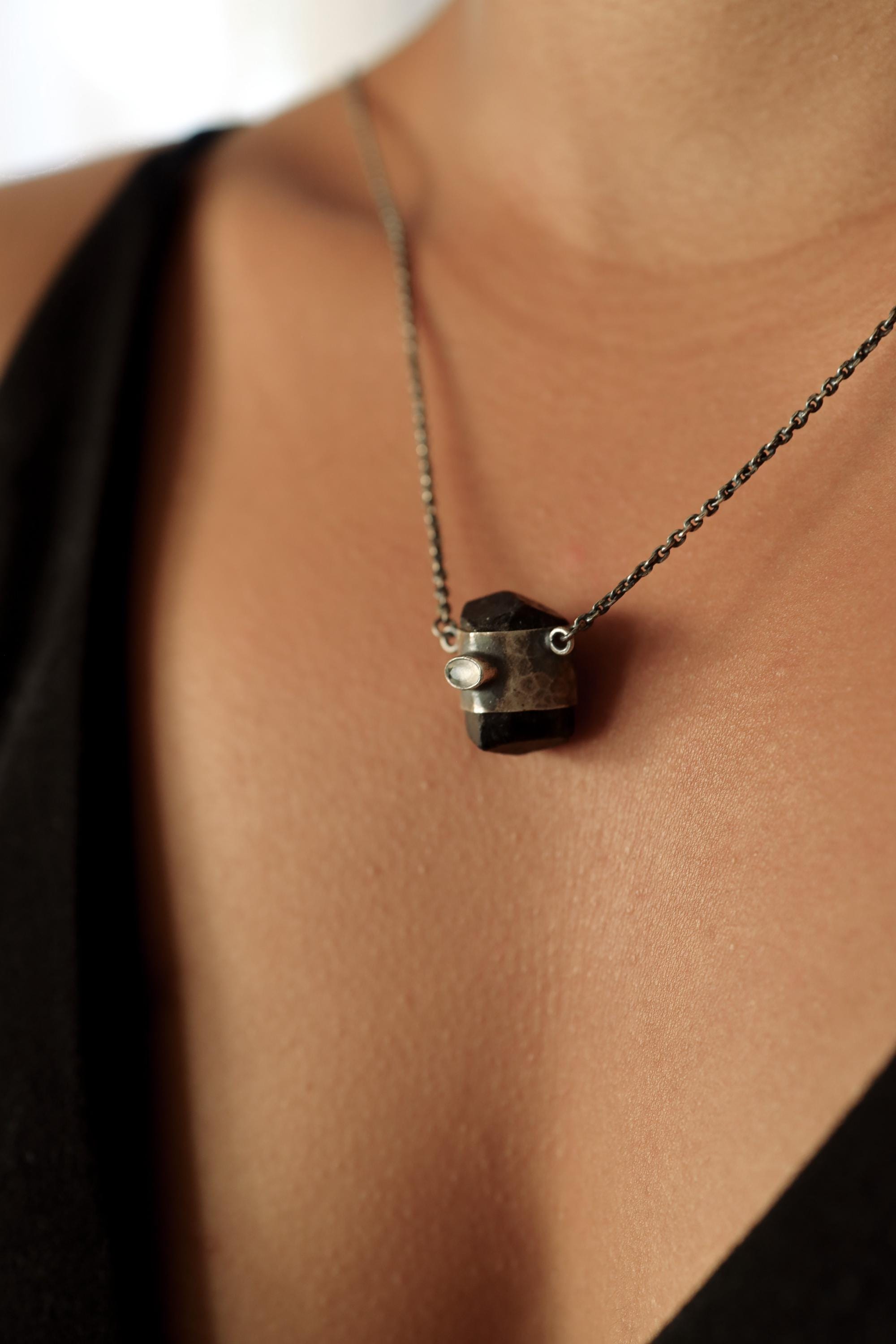 Double Terminated Brown Tourmaline, Ethiopian Opal, and Blue Moonstone Pendant, Sterling Silver, Scorpio & Cancer Zodiac, Unique Gift- NO/01