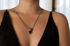 Double Terminated Morella Smoky Quartz Point, Ethiopian Opal, and Blue Moonstone - Oxidised & Textured Sterling Silver Crystal Pendant