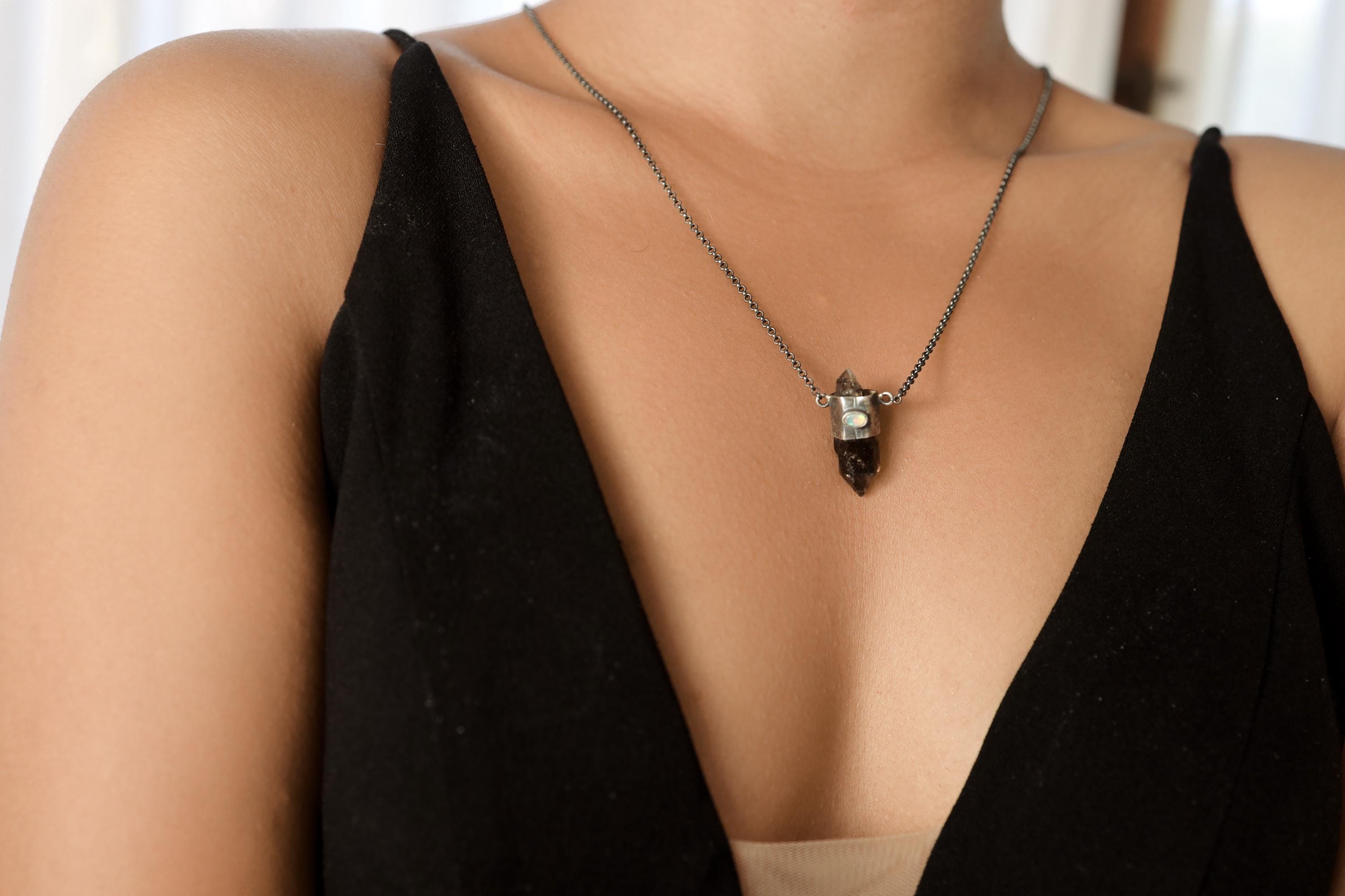Double Terminated Morella Smoky Quartz Point, Ethiopian Opal, and Blue Moonstone - Oxidised & Textured Sterling Silver Crystal Pendant