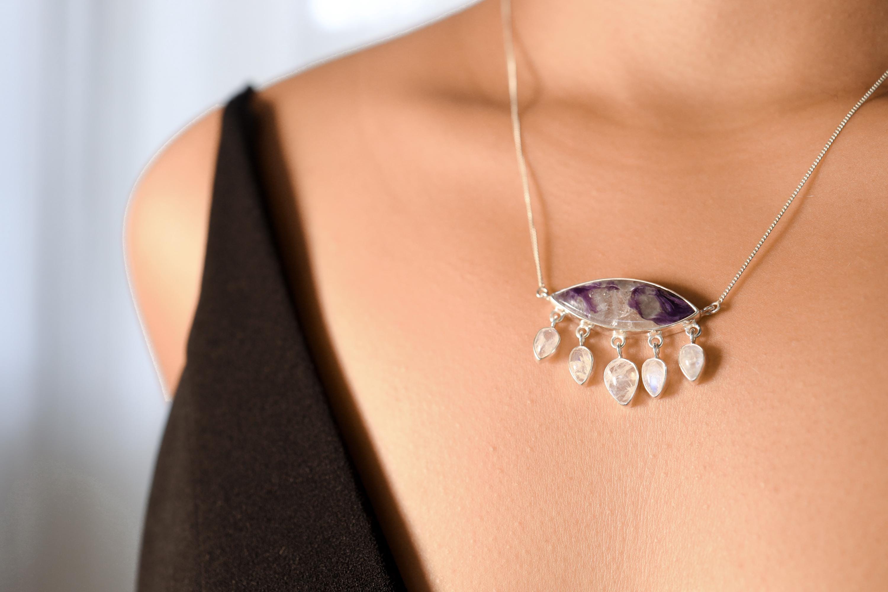 Charoite Moonstone Necklace 925 Sterling Silver Eye Pendant Blue Moonstone Dangles Crown Third Eye Chakra Gift