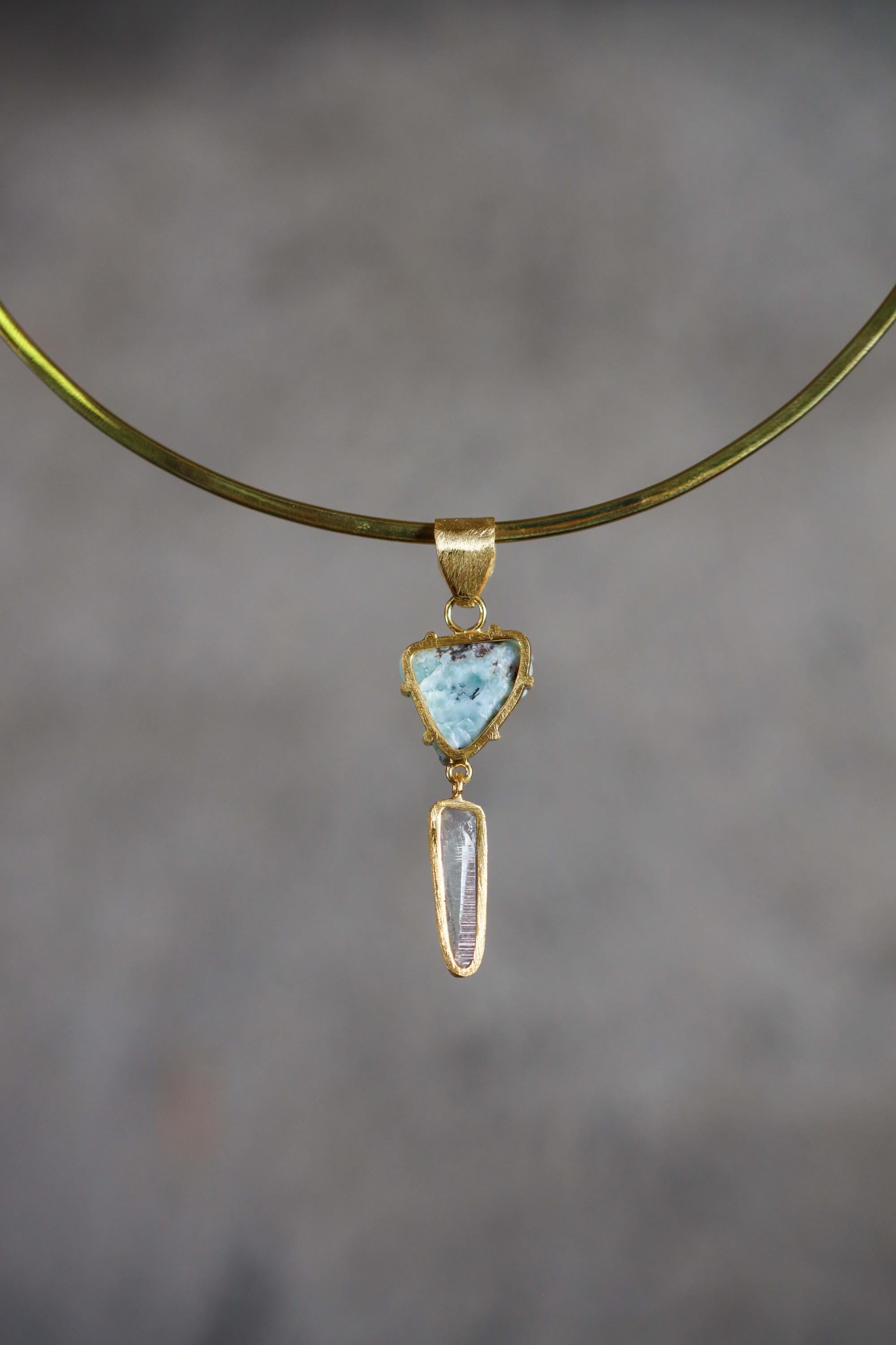 Larimar Slice Pendant with Lemurian Vera Cruz Amethyst, brushed 18K Gold-Plated Sterling Silver, Throat Chakra Charm, Unique Gift