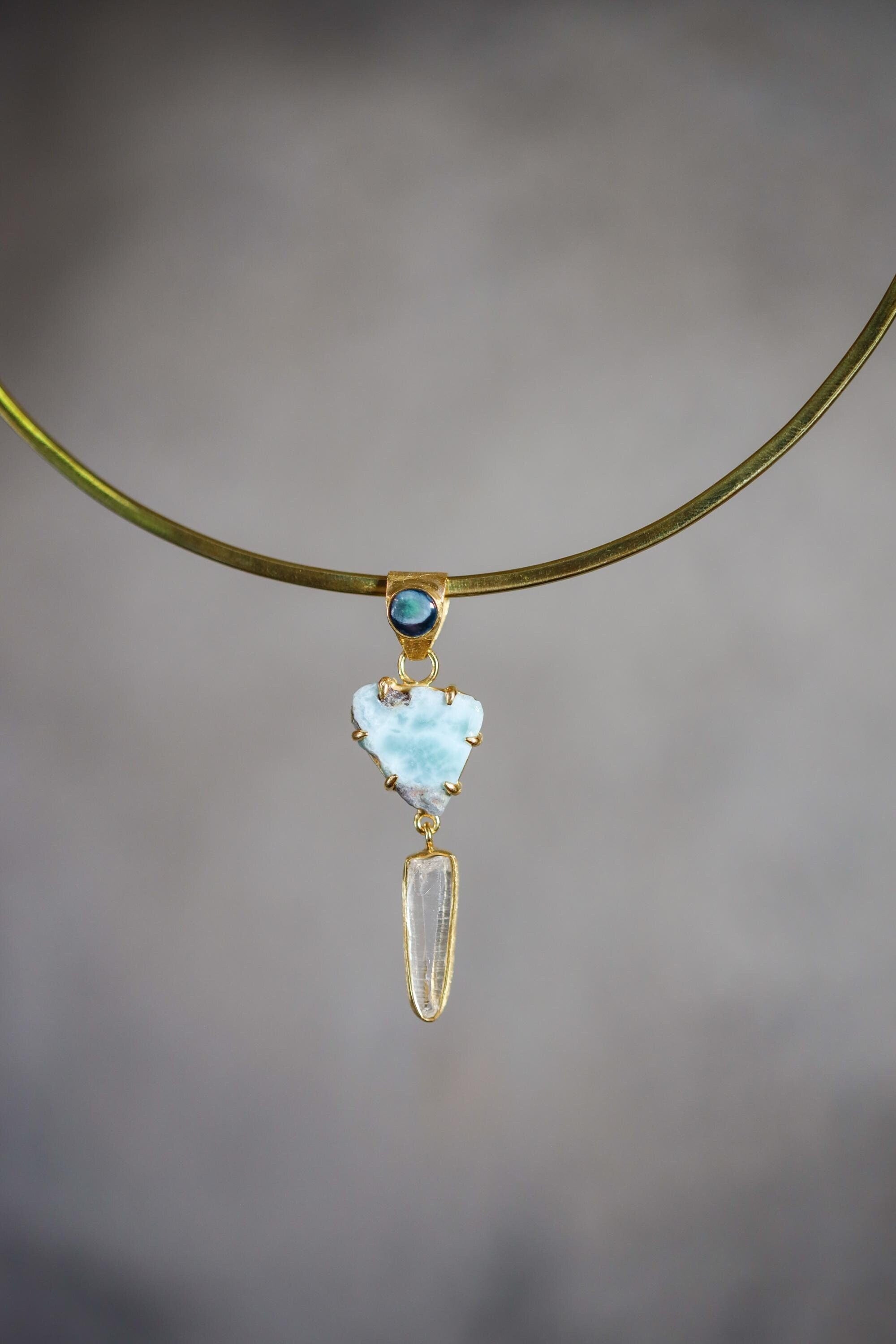 Larimar Slice Pendant with Lemurian Vera Cruz Amethyst, brushed 18K Gold-Plated Sterling Silver, Throat Chakra Charm, Unique Gift
