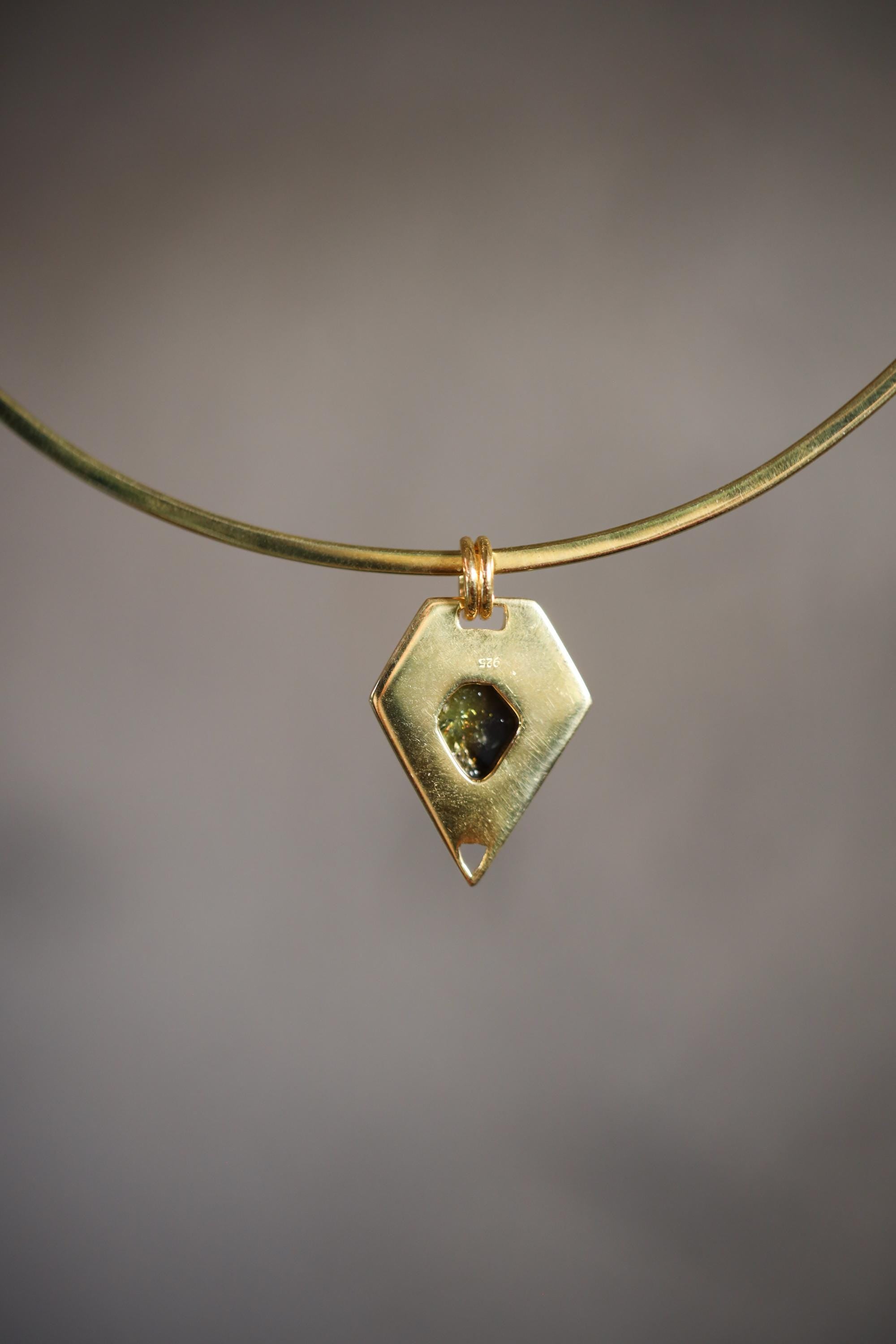 Pentagonal Green Tourmaline Slice Pendant, 18K Gold-Plated Sterling Silver, Heart Chakra Jewelry, Libra & Virgo Zodiac, Unique Gift