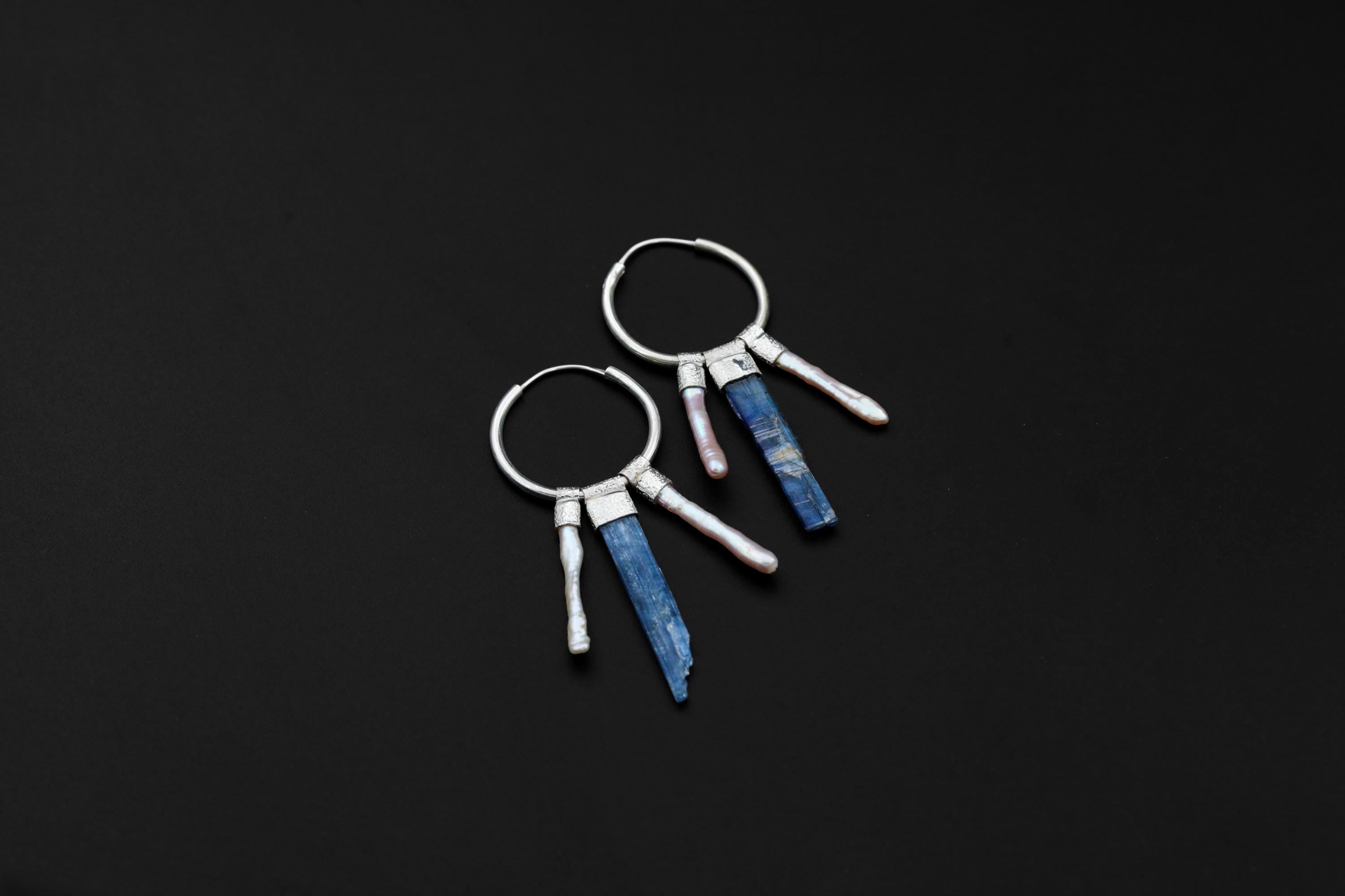Blue Kyanite Pearl Hoop Earrings 925 Sterling Silver Stack Pendant Earrings Throat Crown Chakra Gift