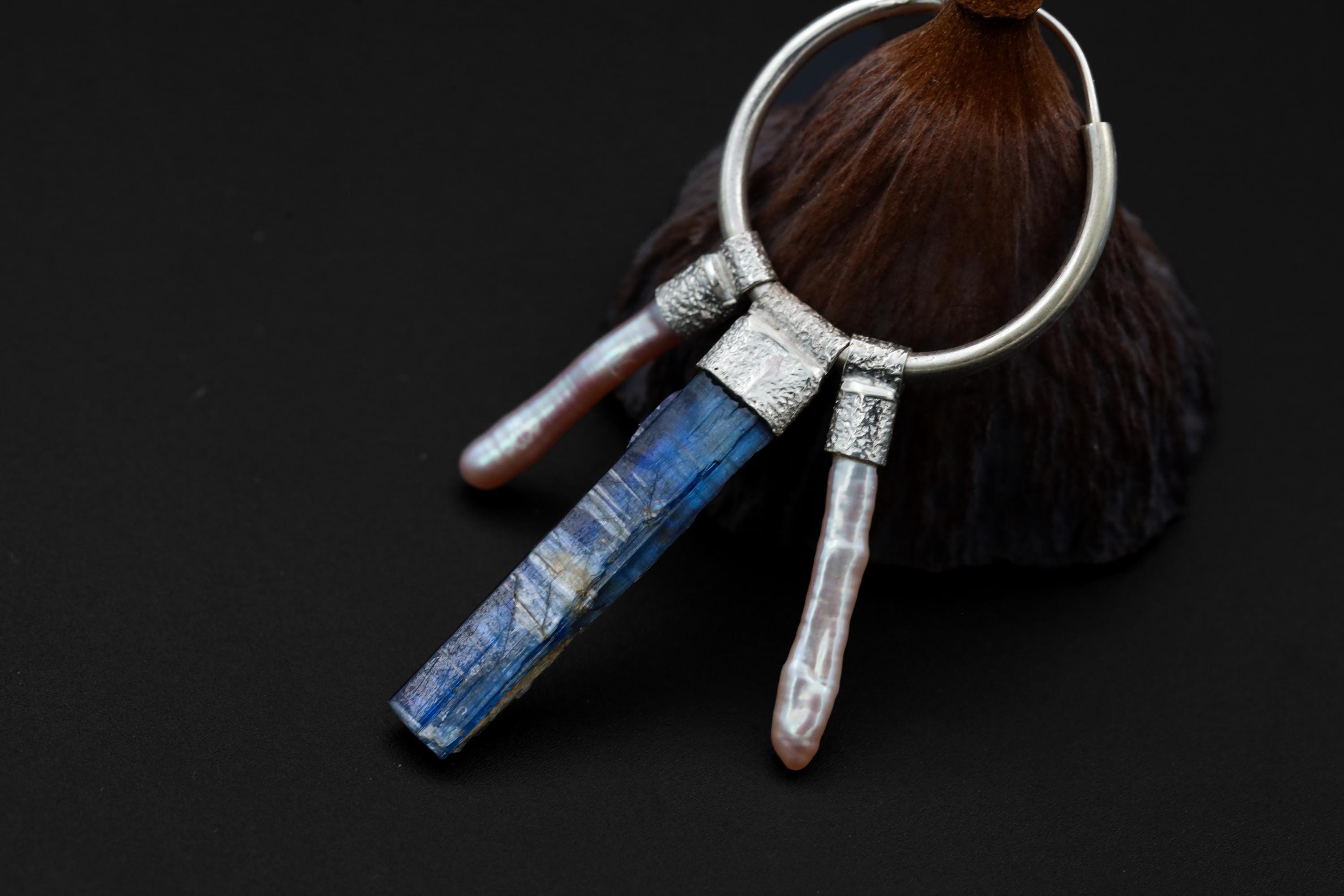 Raw Blue Kyanite & Pearl Stack Earrings, Sterling Silver Big Hoops, Throat and Crown Chakra, Unique Gift, Multifunctional Jewelry