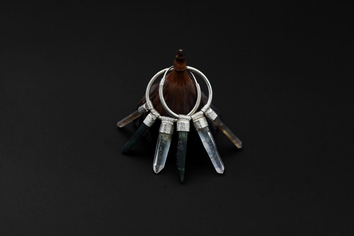Green Jade Smoky Quartz Clear Quartz stack hoop earrings shown on dark background with sterling silver hoops.