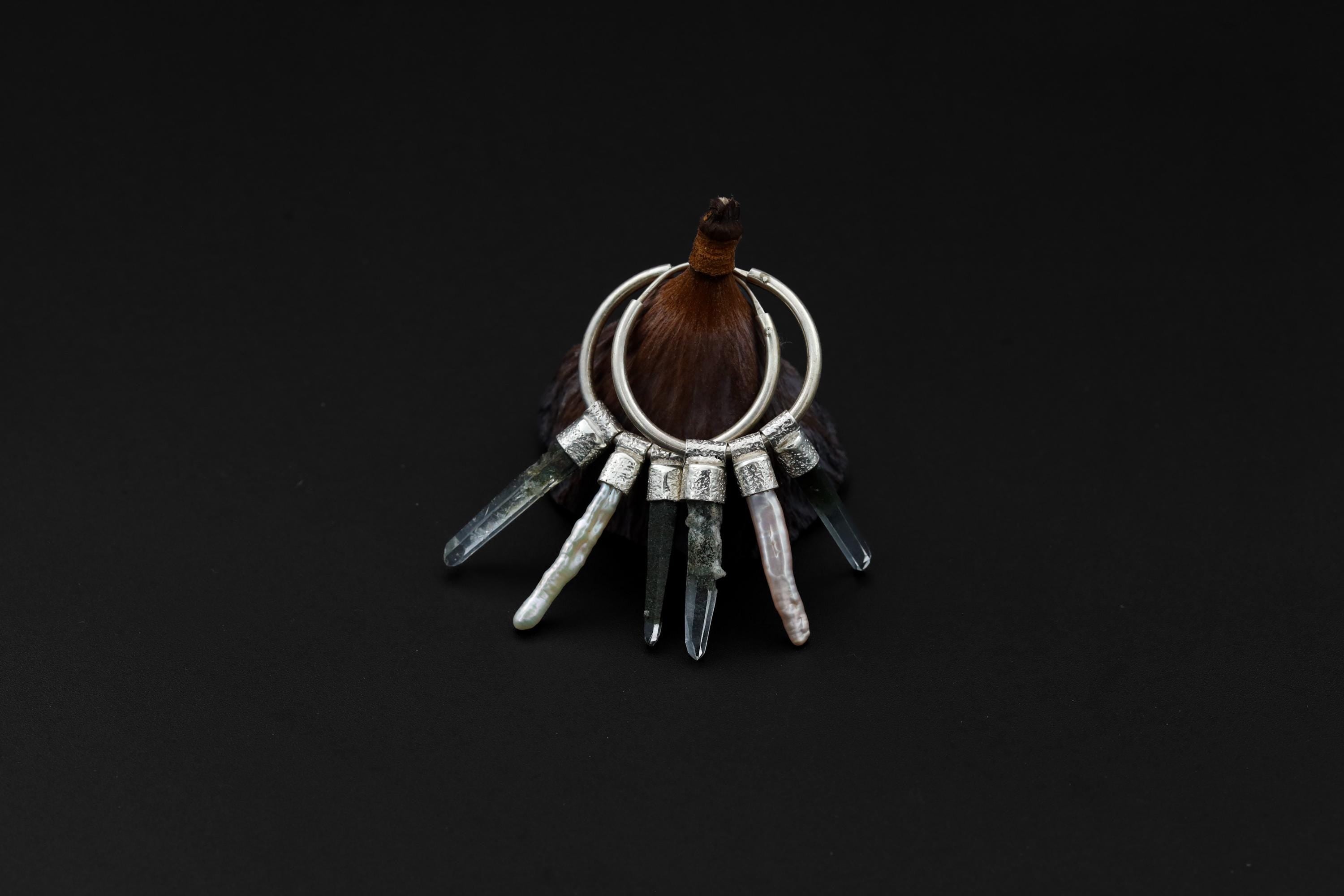 Himalayan Chlorite Quartz & Pearl Stack Pendant Earring, Sterling Silver Big Hoop, Multifunctional Jewelry,Virgo, Cancer Zodiac, Unique Gift