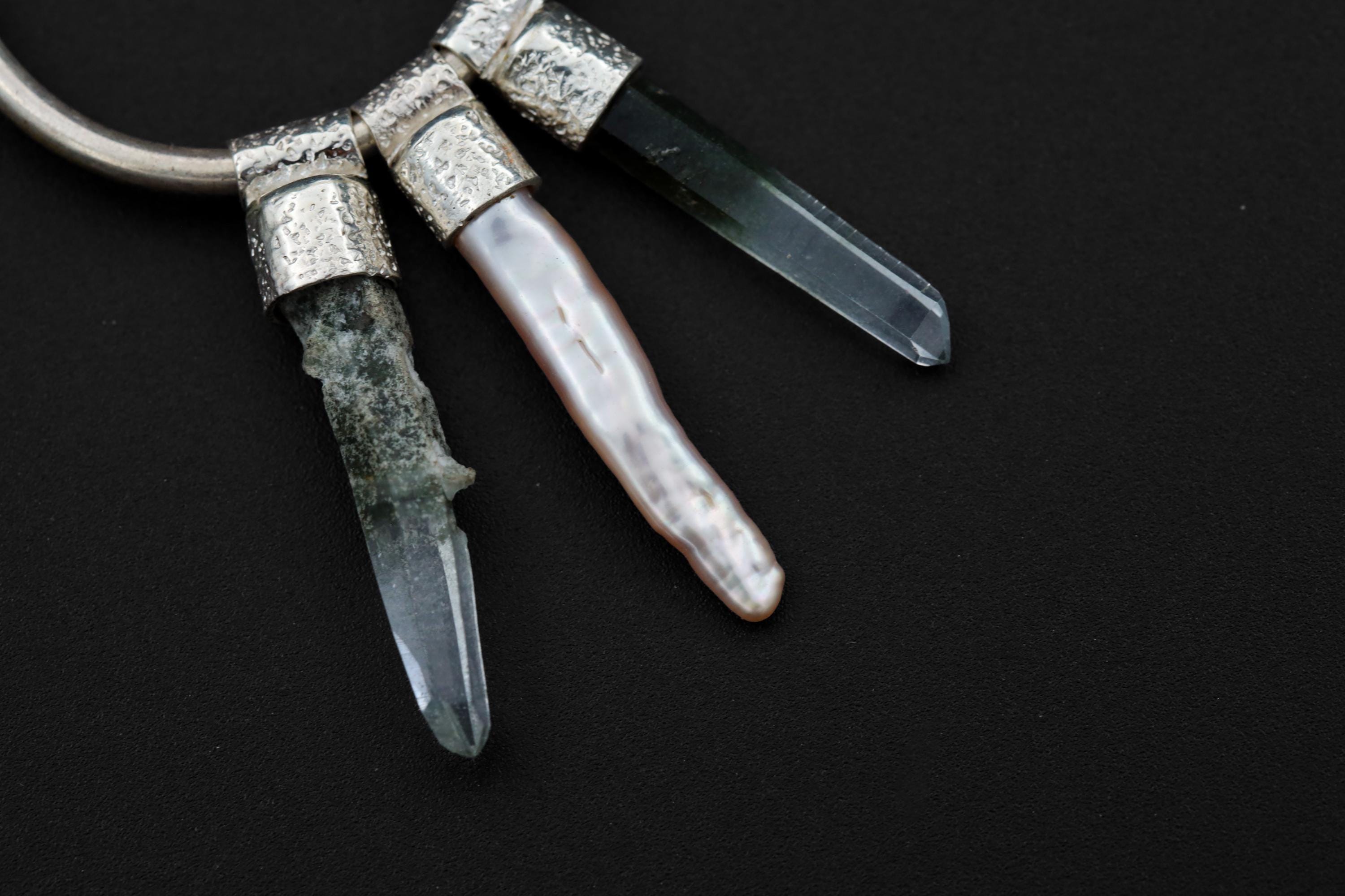 Himalayan Chlorite Quartz Pearl stack hoop earring shown close-up with green included crystal and luminous Pearl.