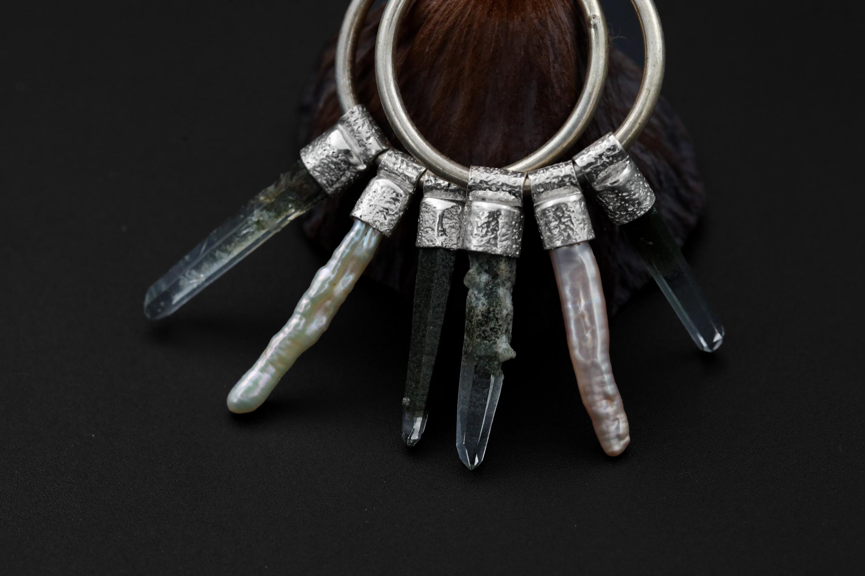 Close-up of Himalayan Chlorite Quartz and Pearl dangles on sterling silver hoop earrings with handmade silver details.