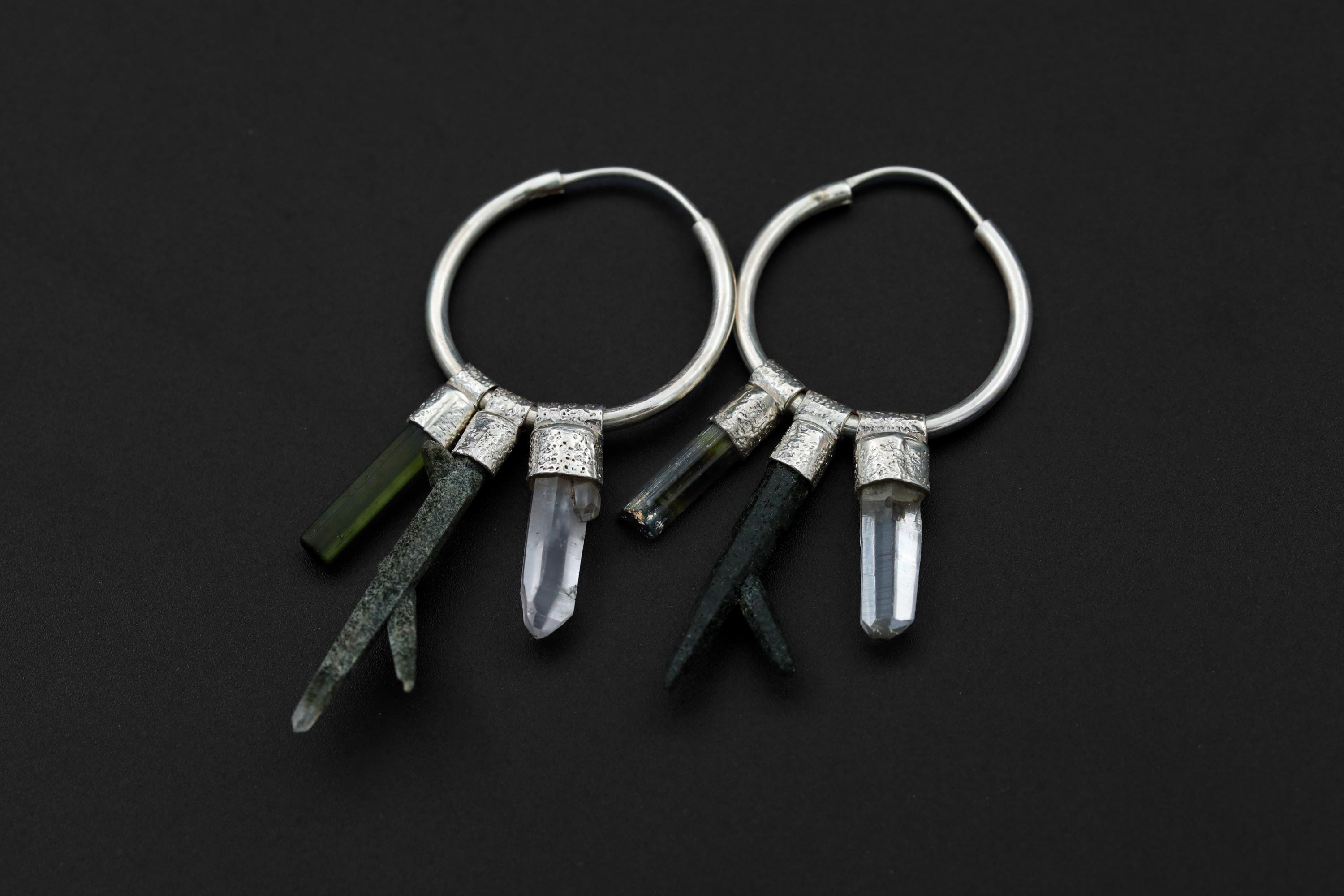 Himalayan Chlorite Quartz Green Tourmaline Clear Quartz Hoop Earrings 925 Silver Heart Crown Gift