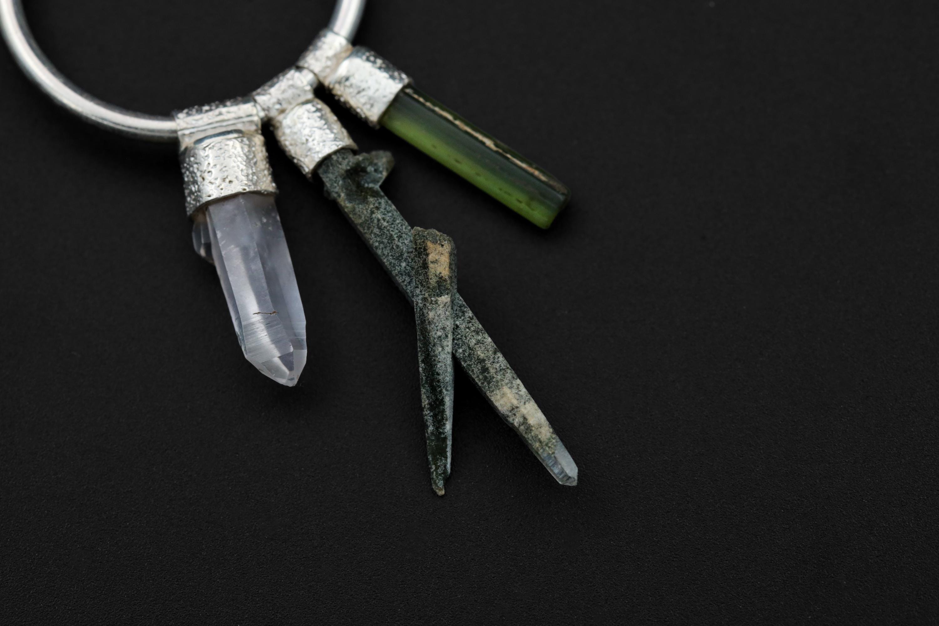Himalayan Chlorite Quartz, Green Tourmaline & Clear Quartz Stack Pendant Hoop Earring, Sterling Silver, Multifuctional Jewelry, Gift for Her