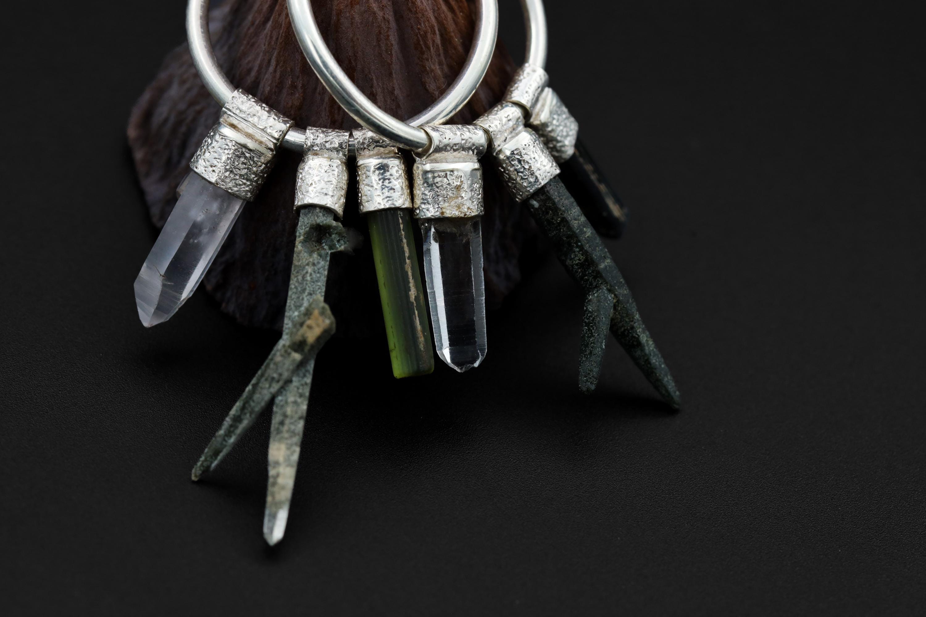 Himalayan Chlorite Quartz, Green Tourmaline & Clear Quartz Stack Pendant Hoop Earring, Sterling Silver, Multifuctional Jewelry, Gift for Her