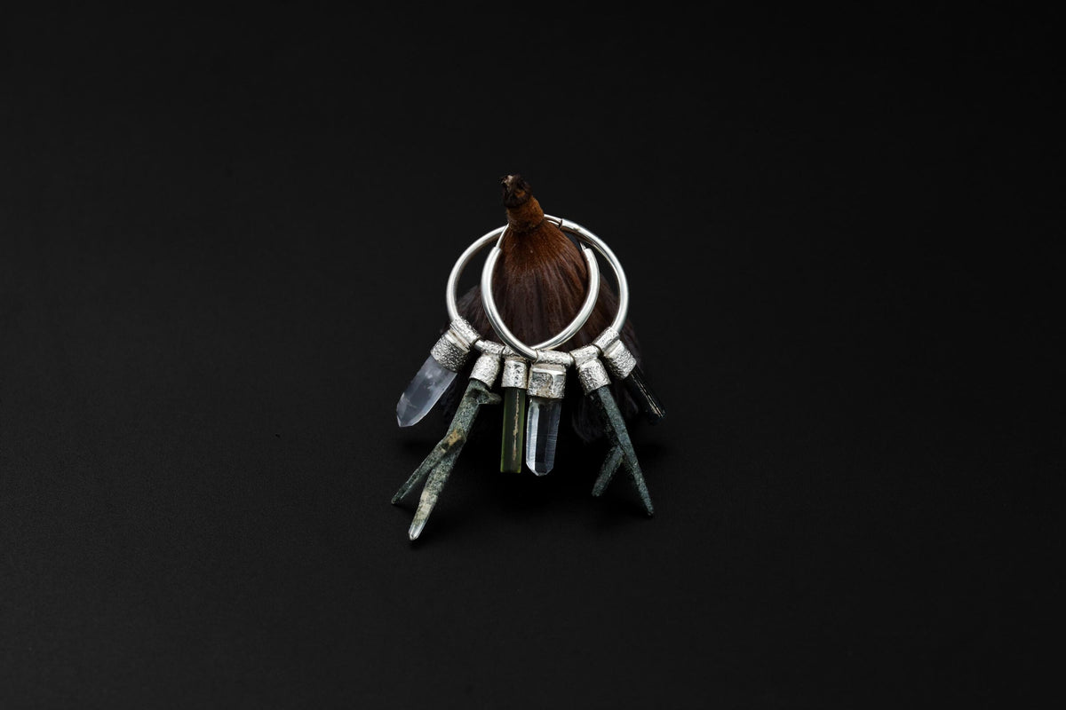Himalayan Chlorite Quartz Green Tourmaline Clear Quartz stack hoop earrings shown on dark background with sterling silver hoops.