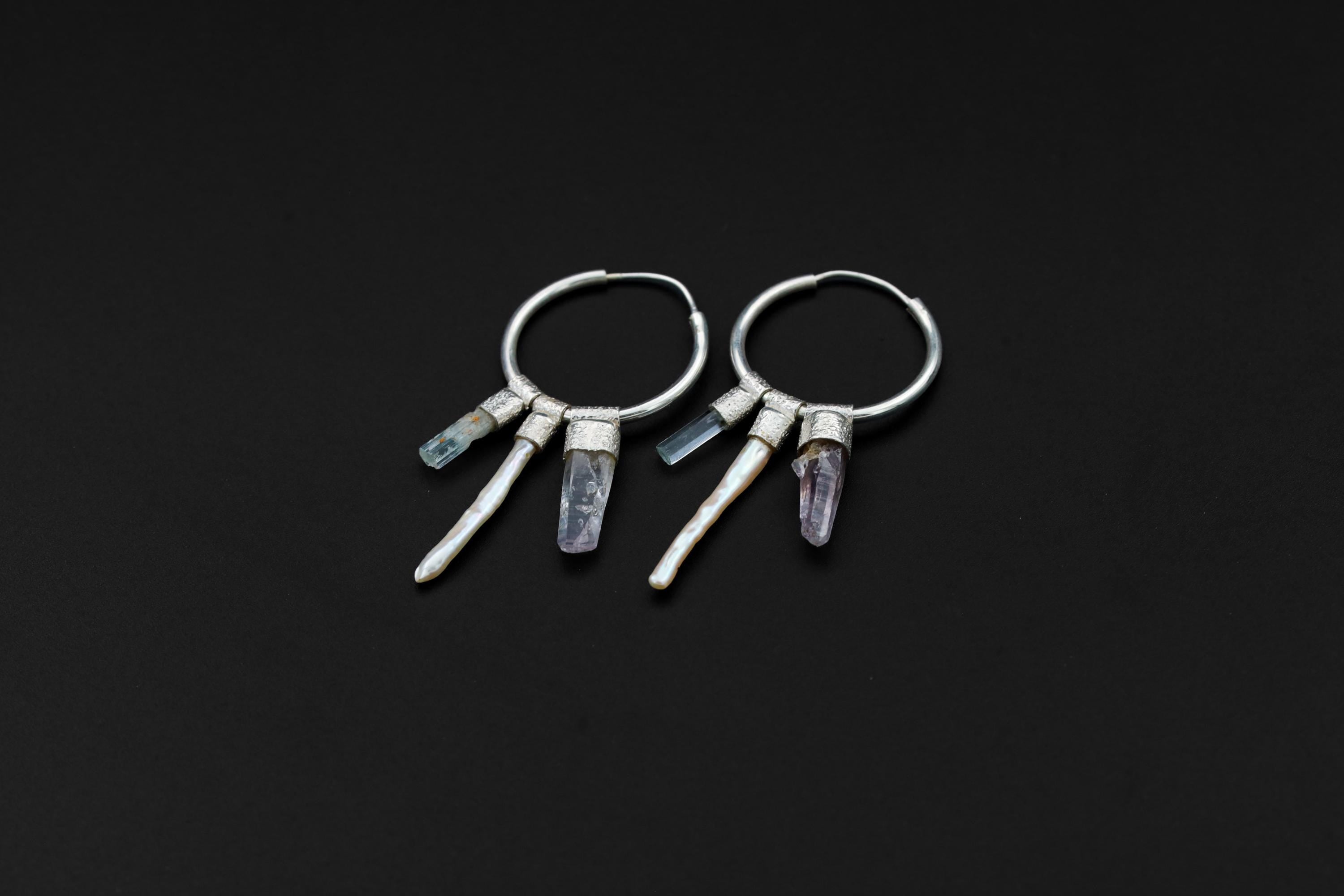 Smoky Quartz Vera Cruz Amethyst Watermelon Tourmaline Pearl Himalayan Quartz Hoop Earrings 925 Silver