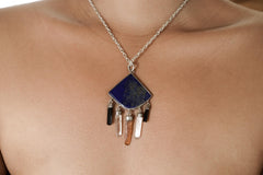 Geometry Shape Pendant with Lapis Lazuli, Black Tourmaline, Clear Quartz & Red Kyanite, Sterling Silver
