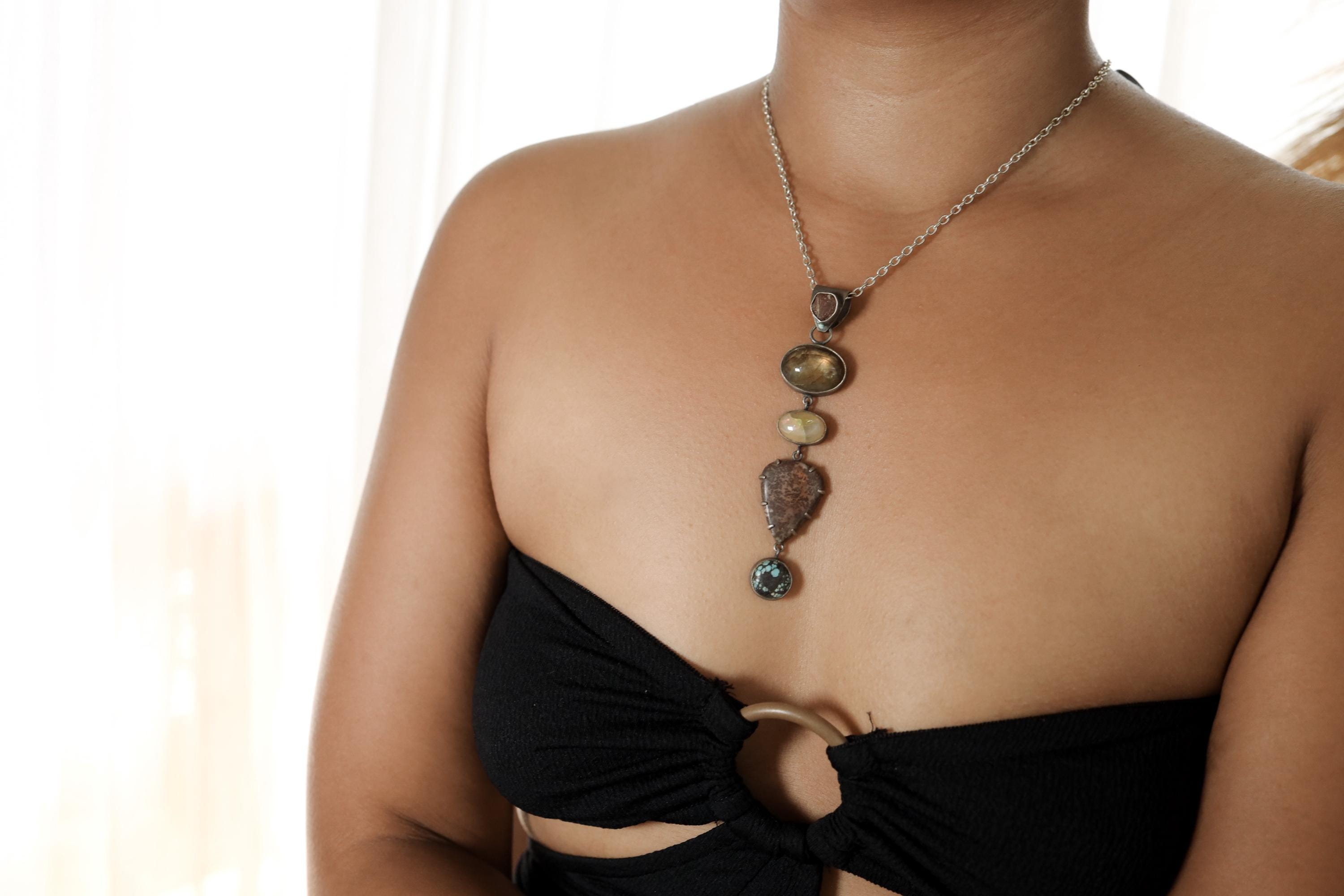 Record Keeper Ruby, Labradorite, Ethiopian Opal, Jasper, Himalayan Turquoise - Sterling Silver Pendant - Textured & Oxidized