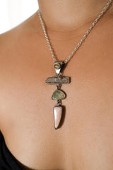 Oxidized Sterling Silver Pendant with Labradorite Bail, Aquamarine, Chrysocolla & Rhodochrosite, Brush Textured Dangle Crystal Charm,