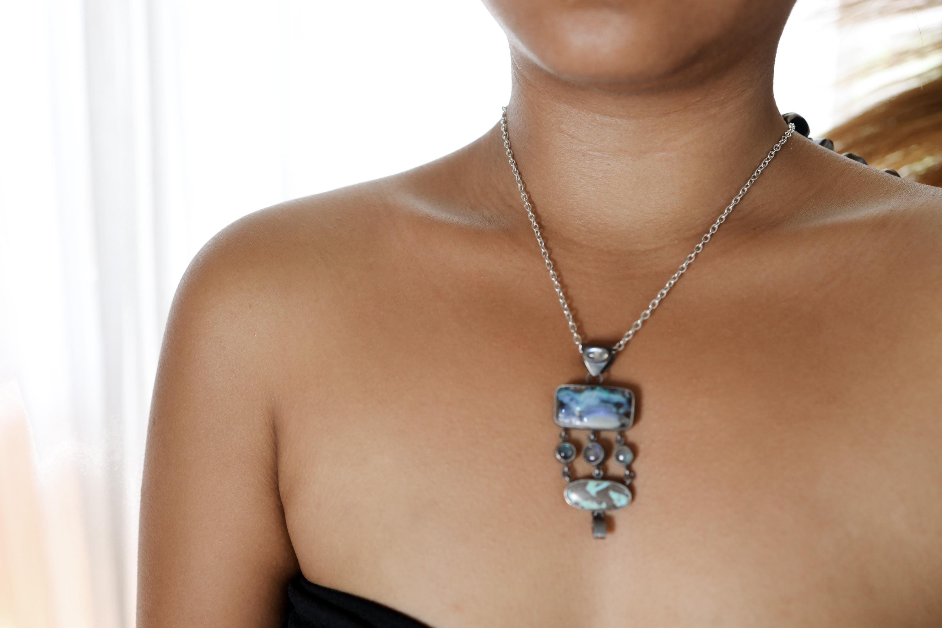 Textured Oxidized Sterling Silver Pendant, Ocean's Symphony Gems: Australian Opal, Labradorite, Royston Turquoise, Ethiopian Opal, Moonstone