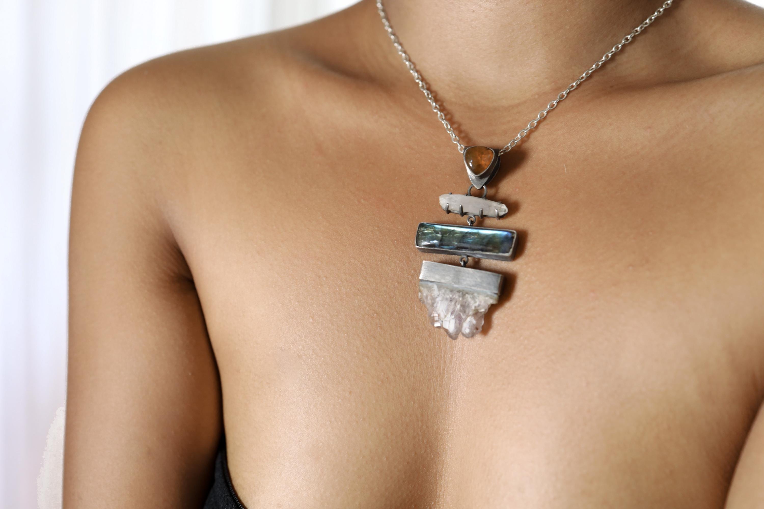 Amethyst Labradorite Opal Quartz Pendant 925 Sterling Silver Lemurian Crystal Crown Third Eye Chakra Gift