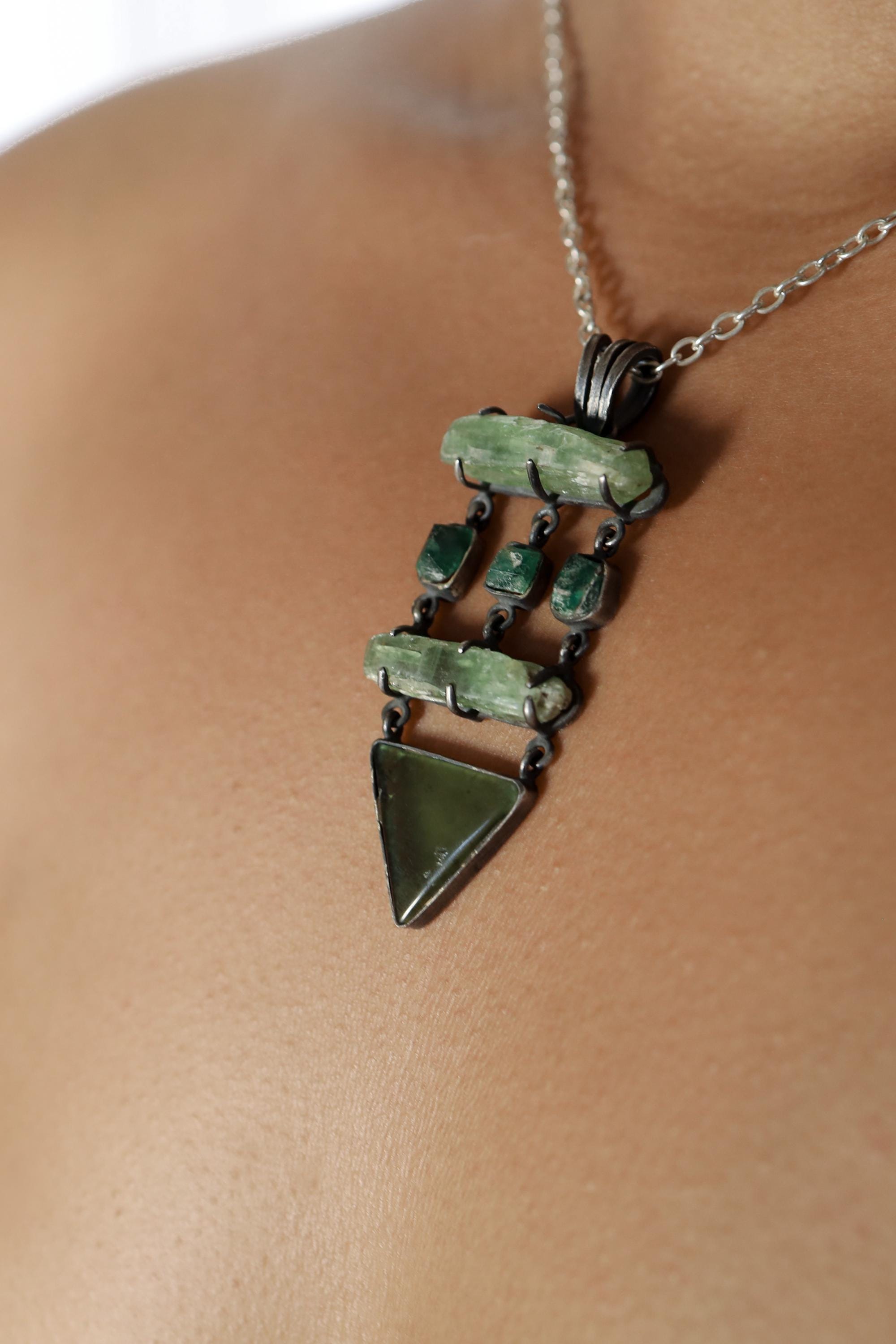 Green Kyanite Emerald Chrysoprase Pendant, 925 Silver, Oxidized Heart Chakra Talisman, Australian Crystal Gift