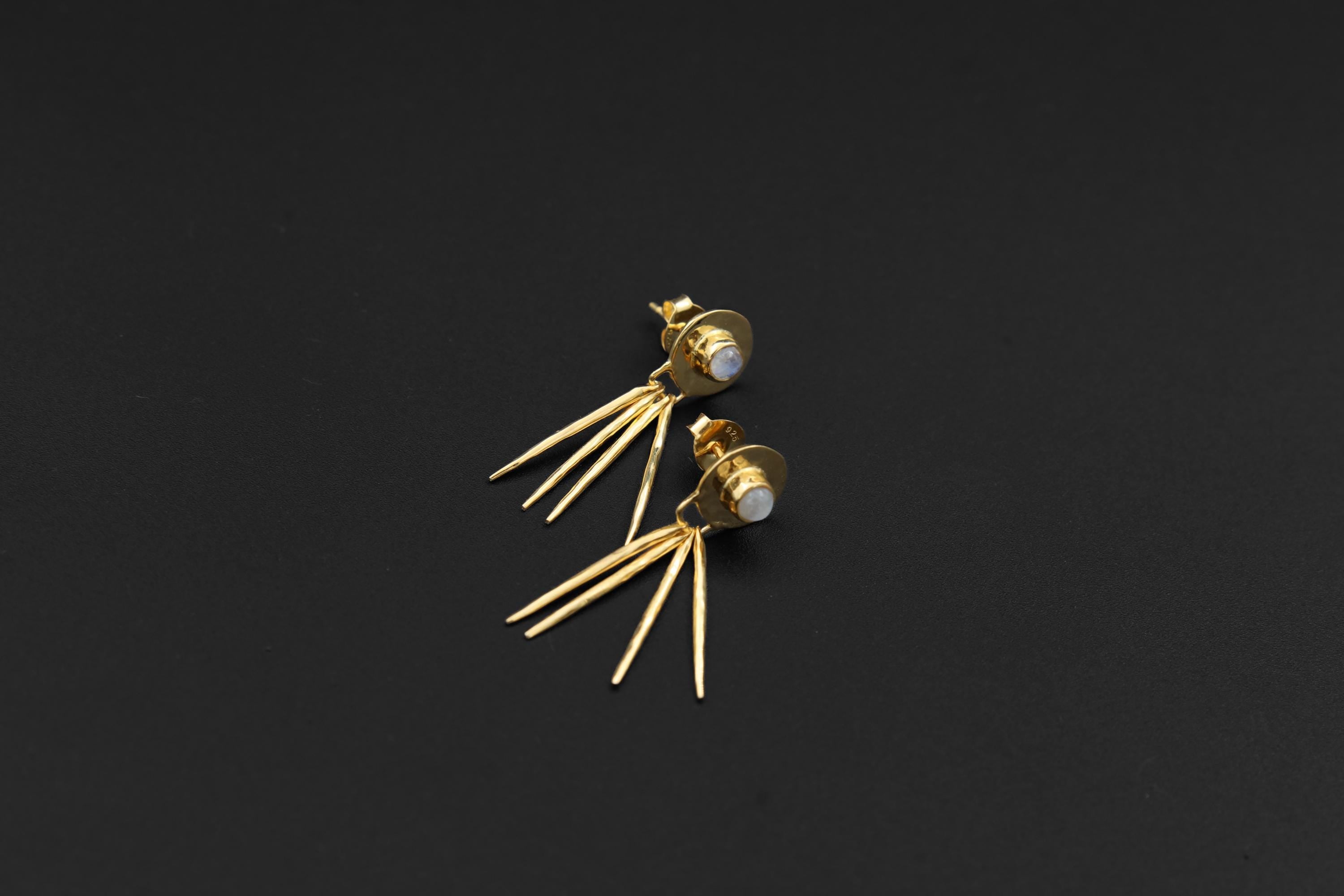 Petite Blue Moonstone Round in 925 Sterling Silver, Hammer Textured with Dangling Moon Ray Spikes, Earring Studs, Gold-Plated, Unique Gift