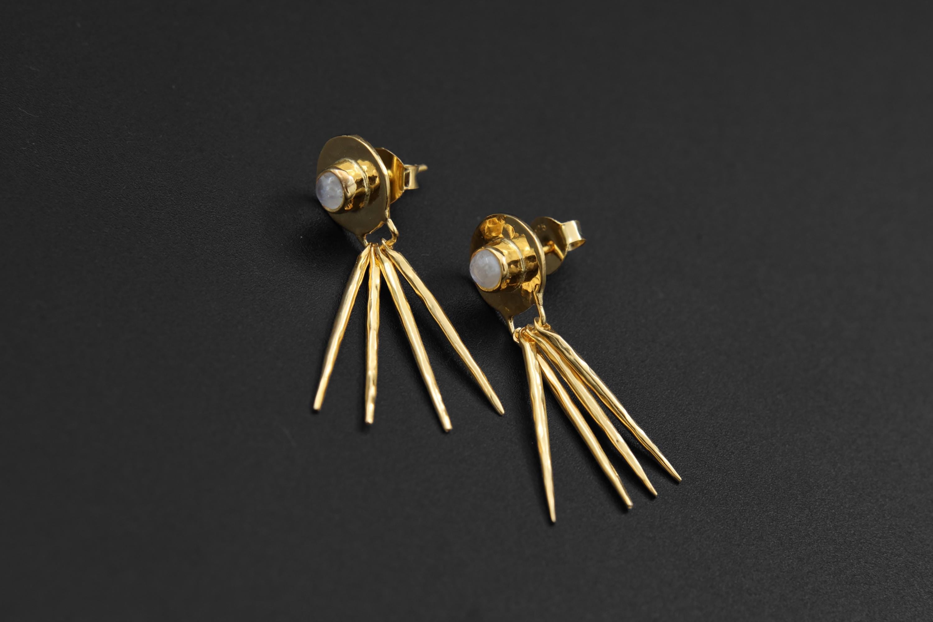 Petite Blue Moonstone Round in 925 Sterling Silver, Hammer Textured with Dangling Moon Ray Spikes, Earring Studs, Gold-Plated, Unique Gift