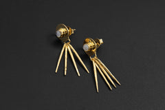 Petite Blue Moonstone Round in 925 Sterling Silver, Hammer Textured with Dangling Moon Ray Spikes, Earring Studs, Gold-Plated, Unique Gift