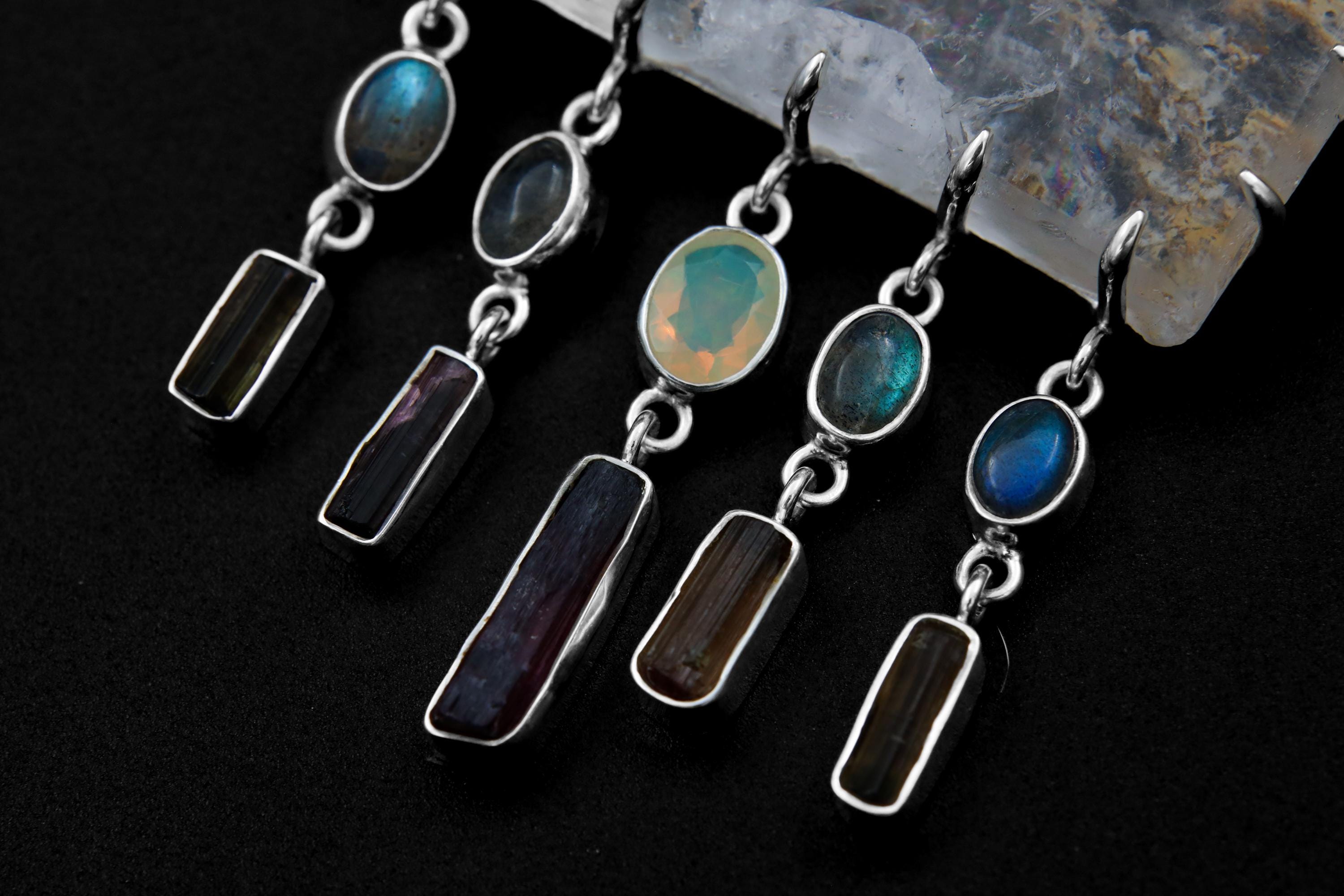 Multicrystal Inclusion Quartz, Tourmaline Pendant Necklace with Labradorite, Ethiopian Opal Sterling Silver Manifestation & Joy Heart Chakra