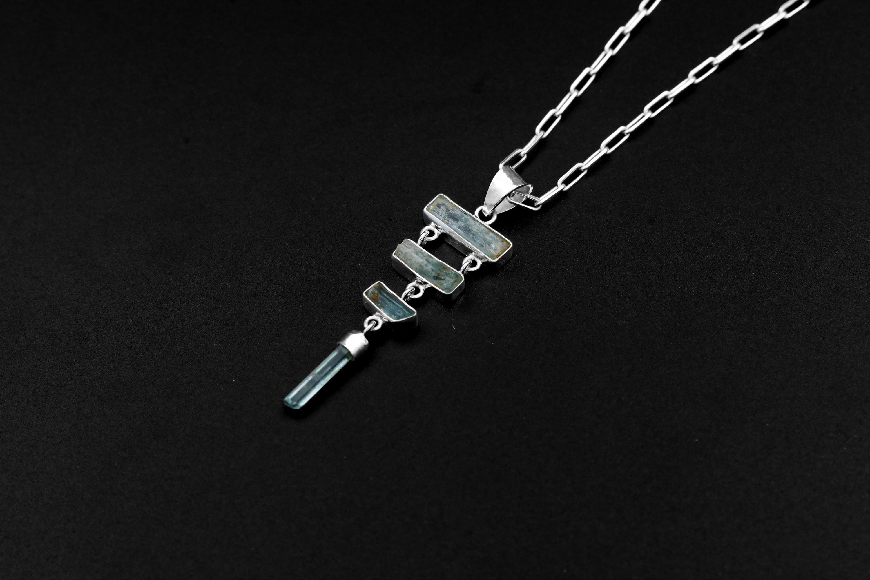 Raw Aquamarine Multi-Stone Pendant, Hammer Textured Sterling Silver, Sea Protection, Heart Chakra, Pisces Zodiac, Unique Gift