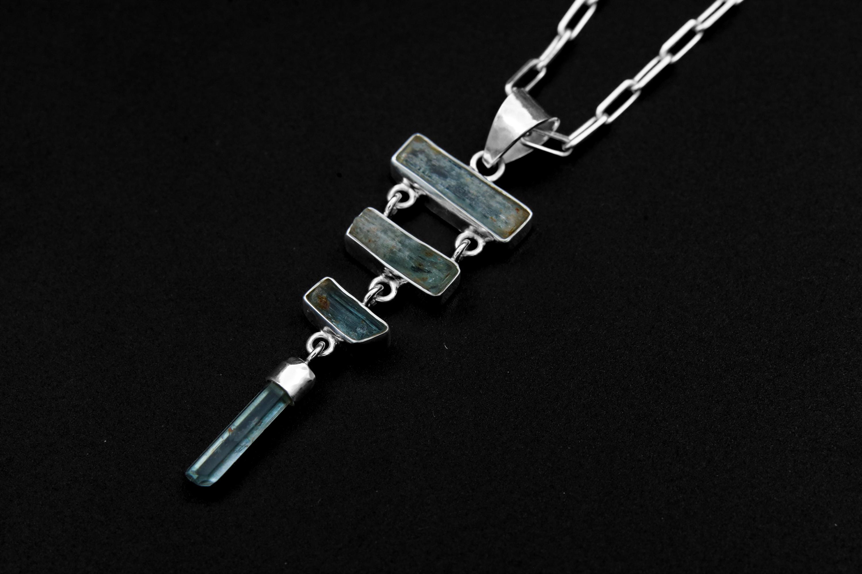 Aquamarine Pendant 925 Sterling Silver Four Stone Cascade Necklace Hammered Bezel Pisces Ocean Gift