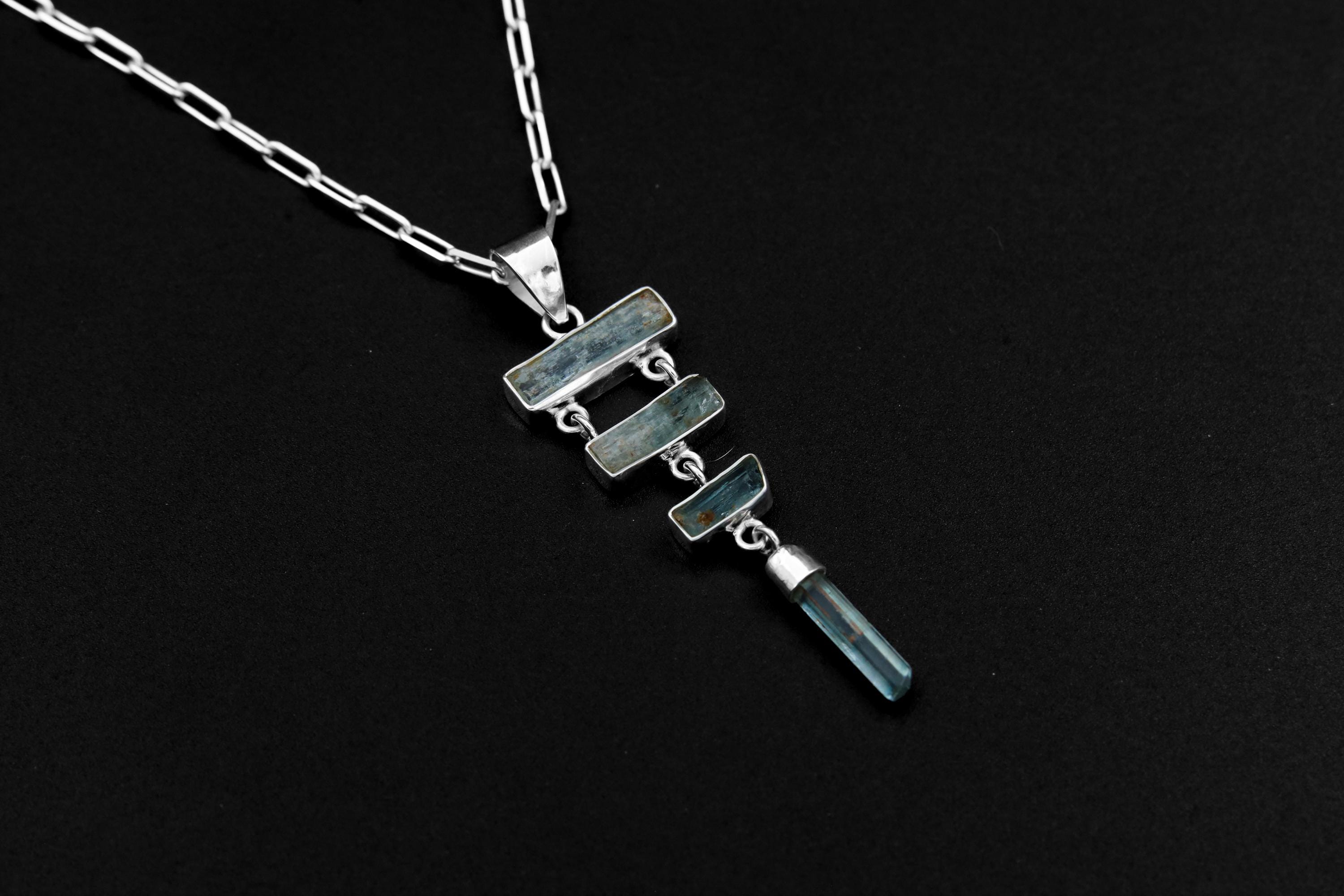 Raw Aquamarine Multi-Stone Pendant, Hammer Textured Sterling Silver, Sea Protection, Heart Chakra, Pisces Zodiac, Unique Gift