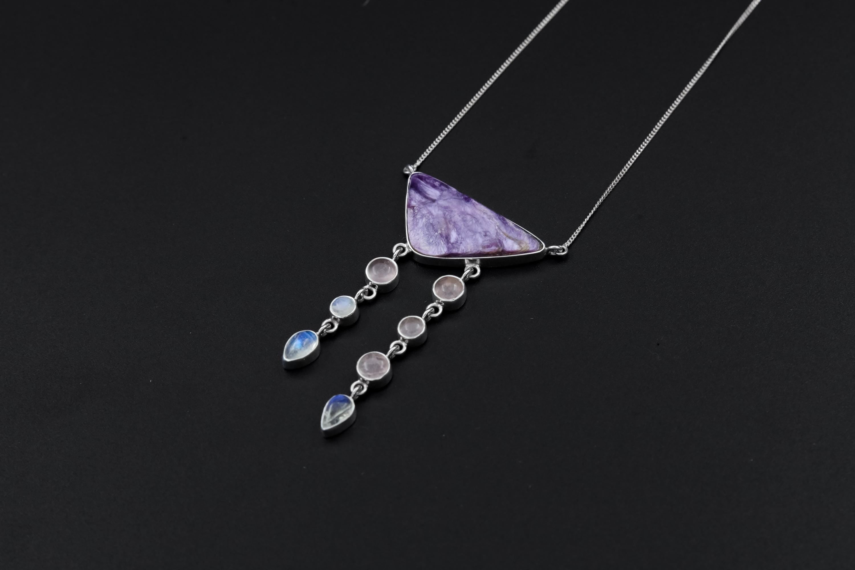 Chlorite Moonstone Rose Quartz Pendant 925 Sterling Silver Dangle Necklace Psychedelic Ocean Talisman