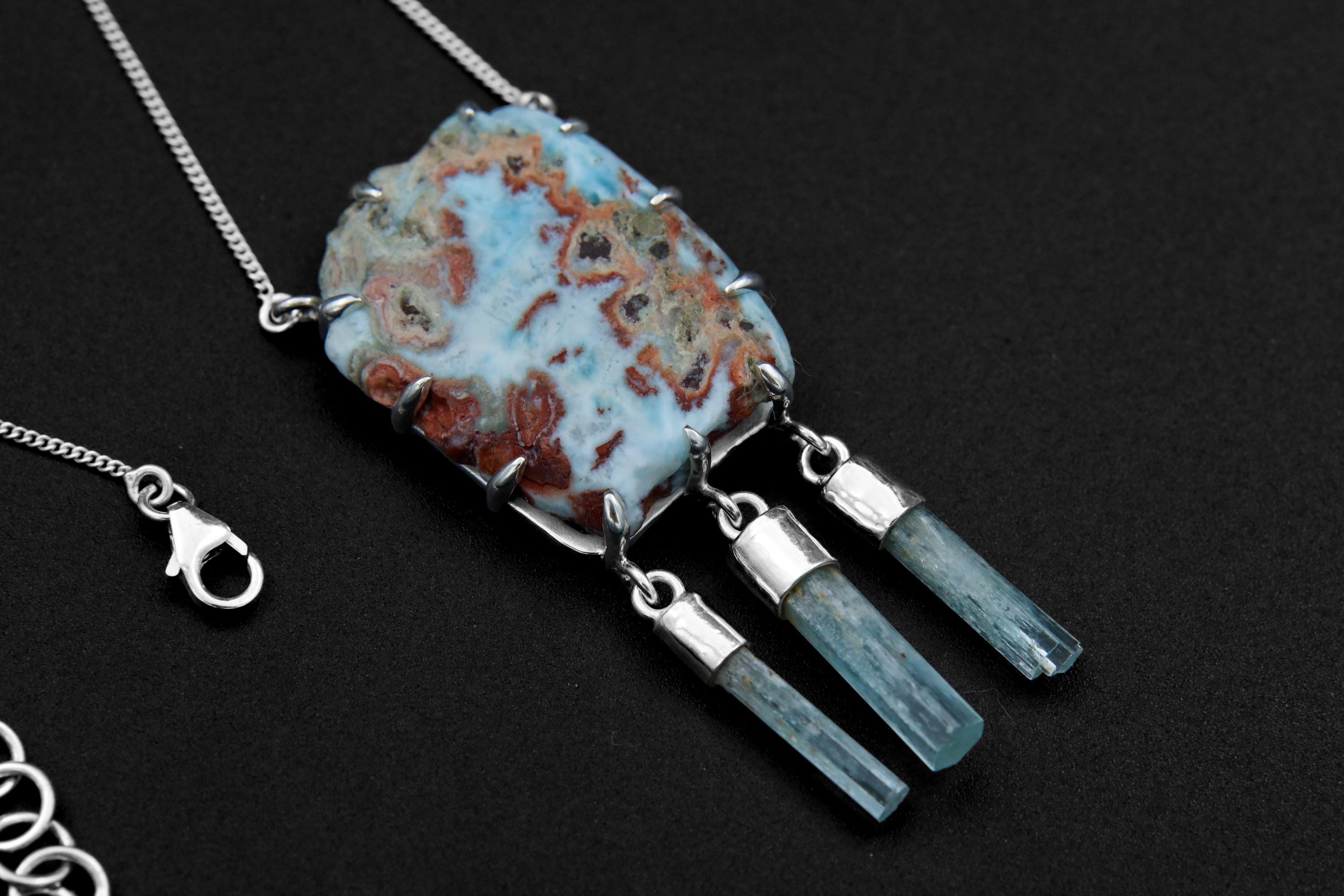 Raw Larimar and Aquamarine Sticks Necklace, Sterling Silver Pendant, Wealth & Abundance Neck Piece, Throat Chakra, Pisces Zodiac