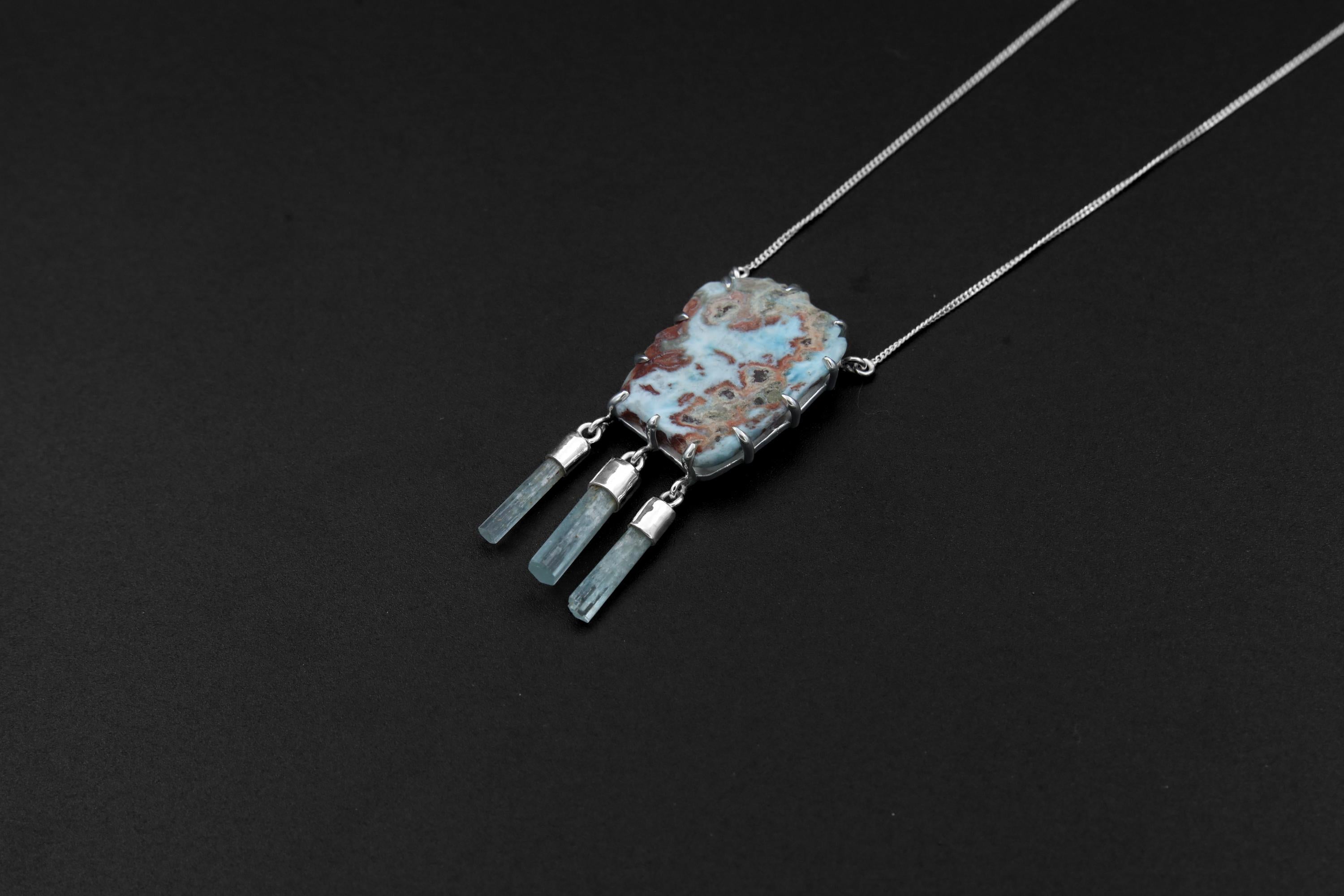 Raw Larimar and Aquamarine Sticks Necklace, Sterling Silver Pendant, Wealth & Abundance Neck Piece, Throat Chakra, Pisces Zodiac