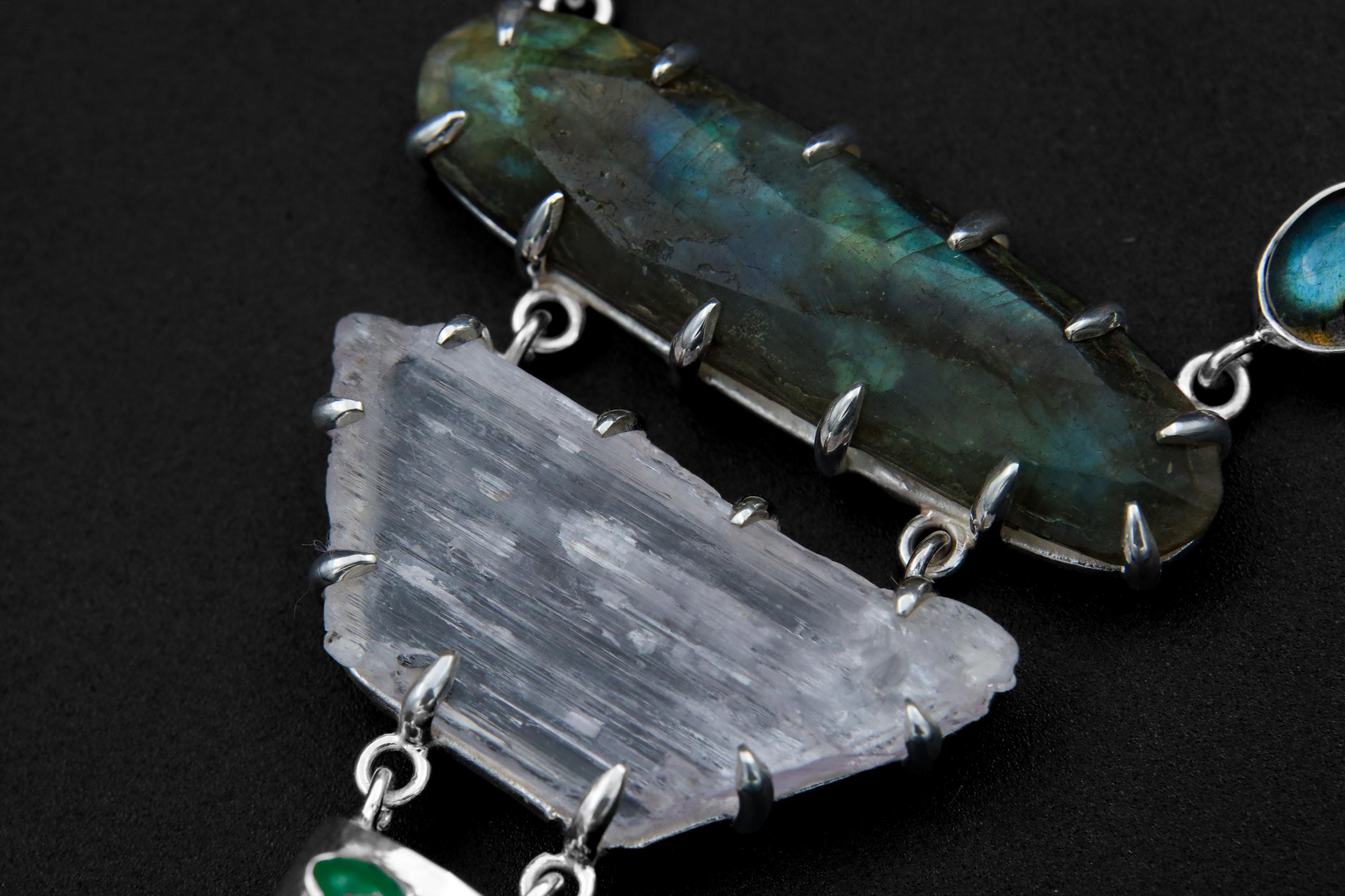 Labradorite Pendant: Sterling Silver, Apatite, Emerald & Kunzite - Chakra Healing Boho Necklace