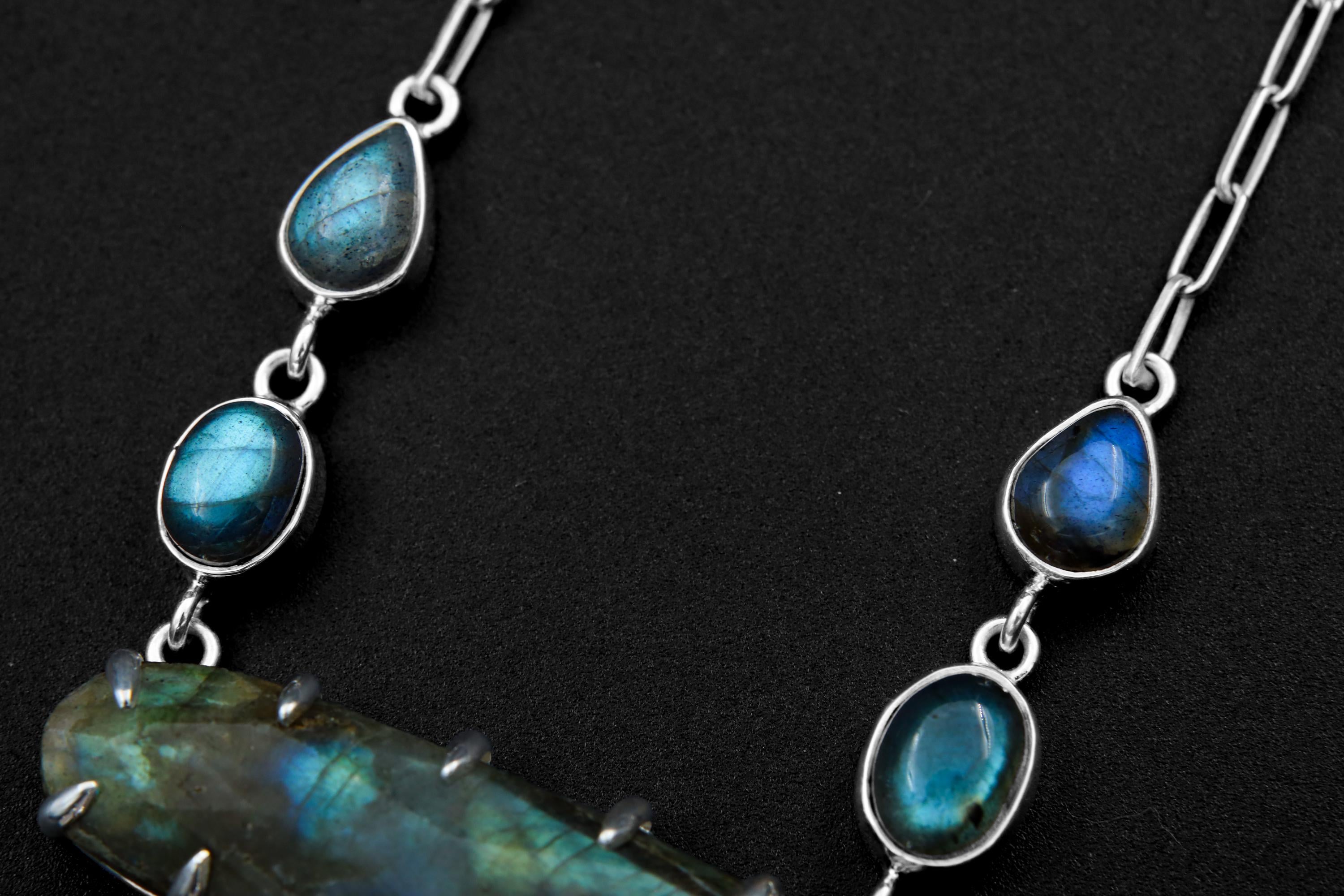 Close-up of Labradorite chain connectors and blue-green gemstone details in a sterling silver statement necklace.