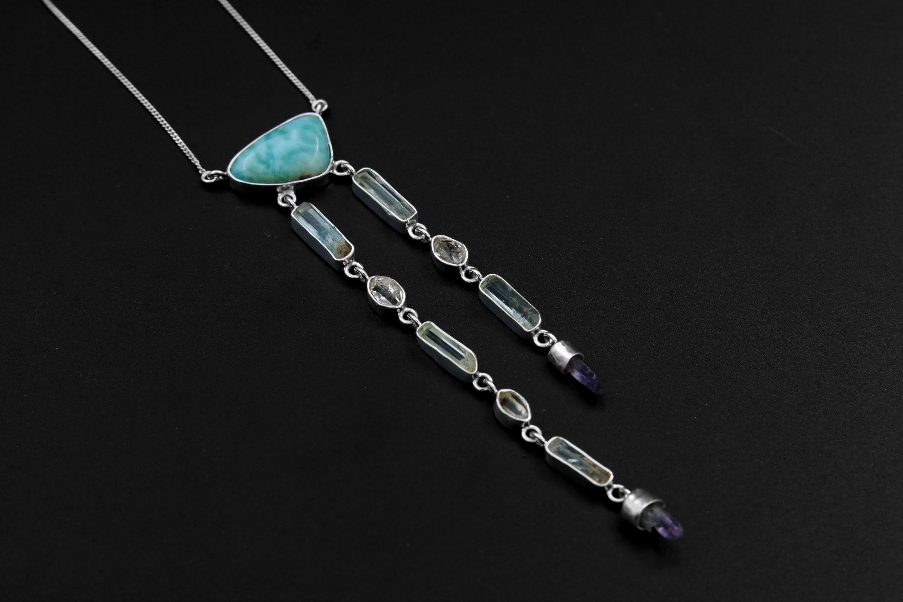 Larimar Aquamarine Herkimer Vera Cruz Quartz Necklace 925 Silver Atlantian Ocean Throat Crown Chakra Gift