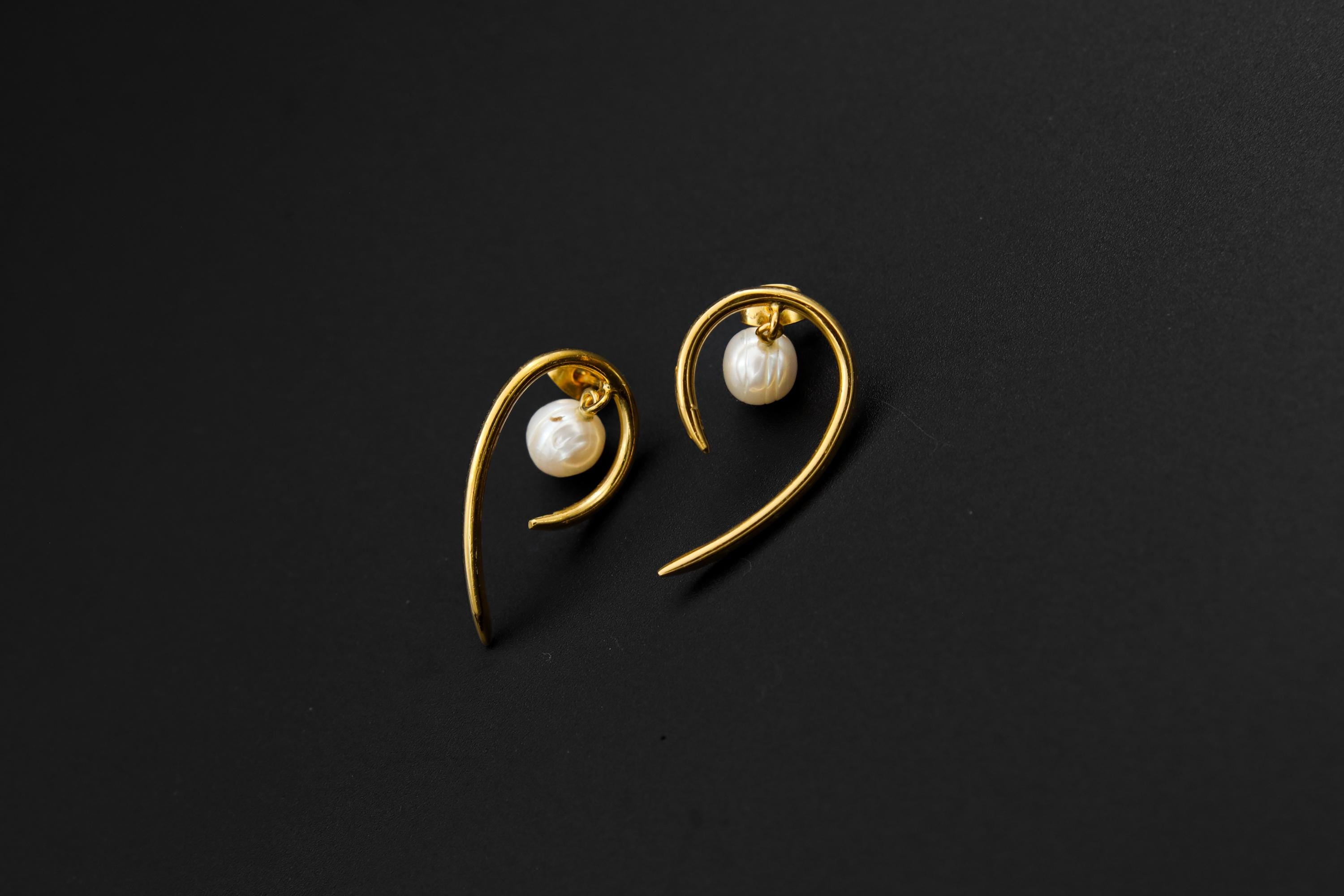 Pair of Heritage Pearl Curled Horn Studs, 925 Sterling Silver, Gold-Plated, Heart Chakra, Unique Gift