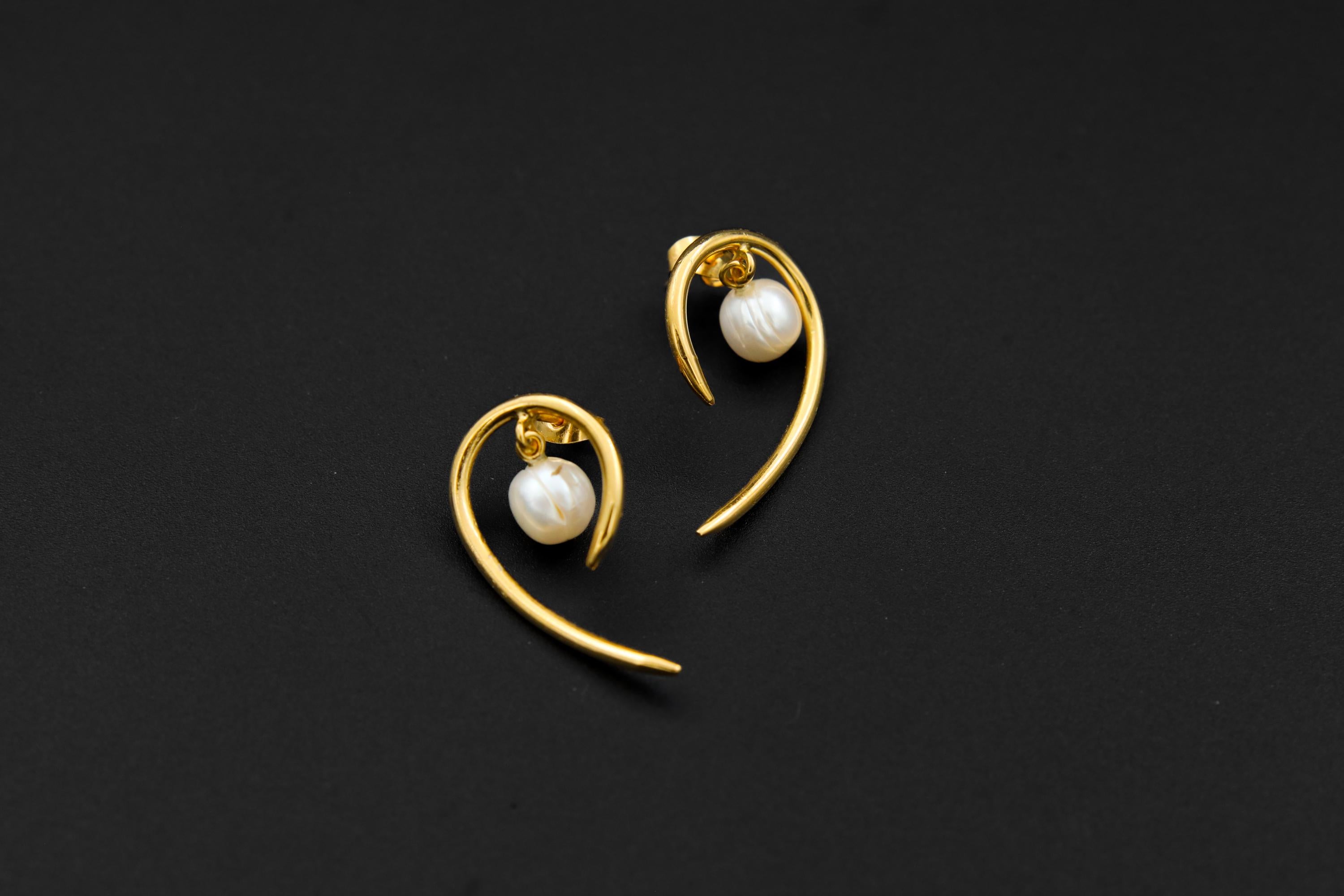 Pair of Heritage Pearl Curled Horn Studs, 925 Sterling Silver, Gold-Plated, Heart Chakra, Unique Gift
