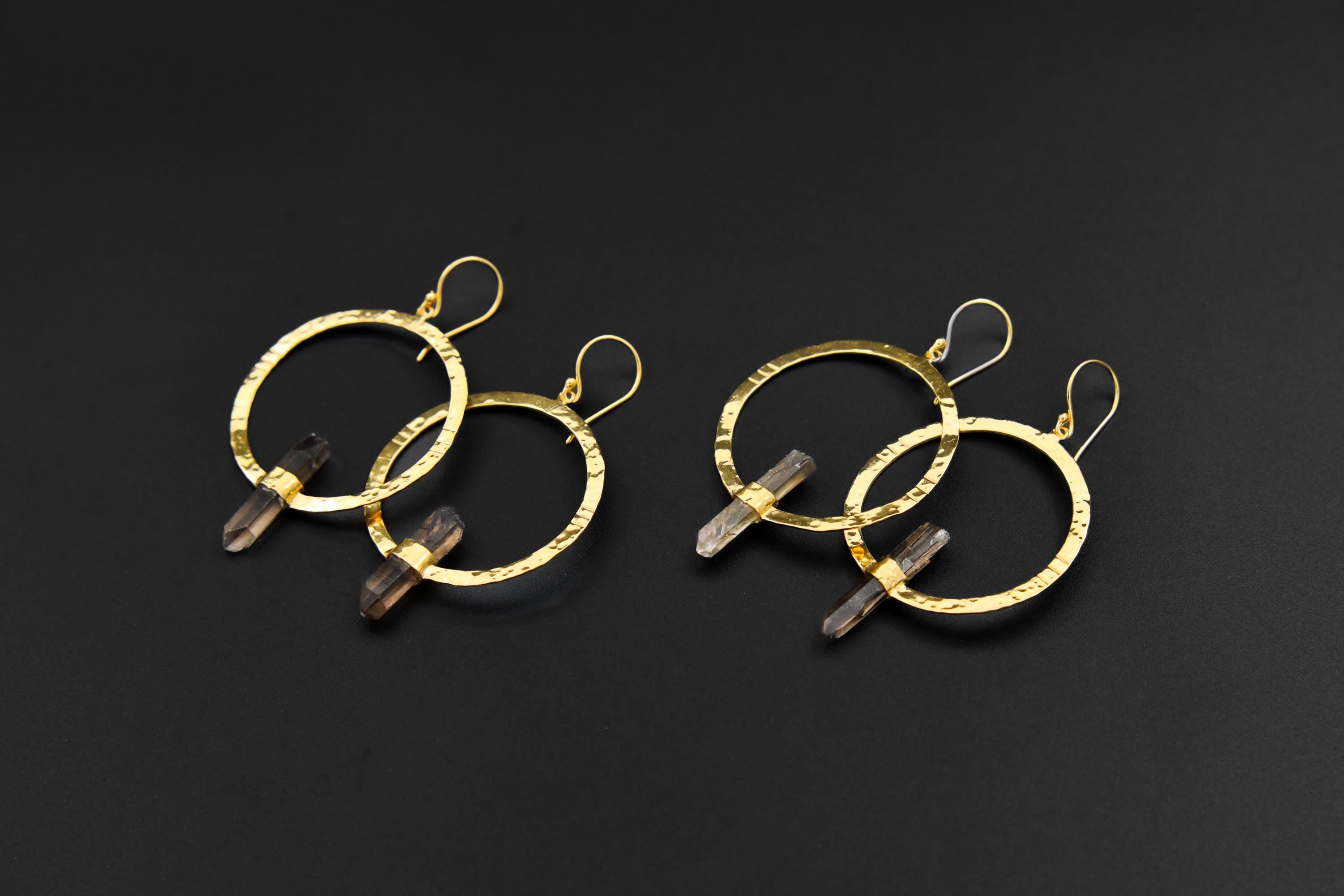 Fossicked Australian Smoky Quartz Point Earrings, Circle Portal Setting, Oxidised & Textured Sterling Silver, Gold-Plated Hook Dangles