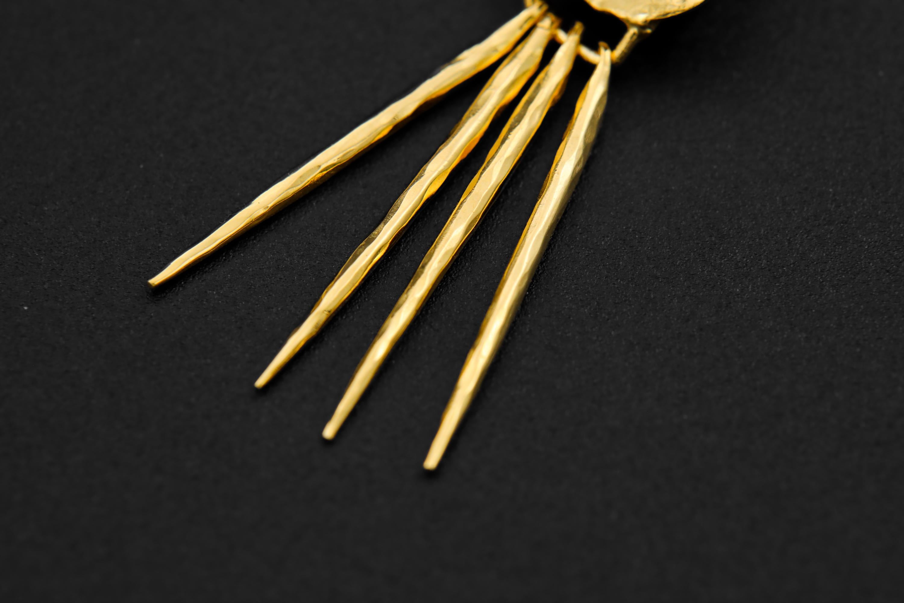 Detail view of five long gold-plated dangles on a Blue Moonstone stack pendant, showing slim handmade movement.