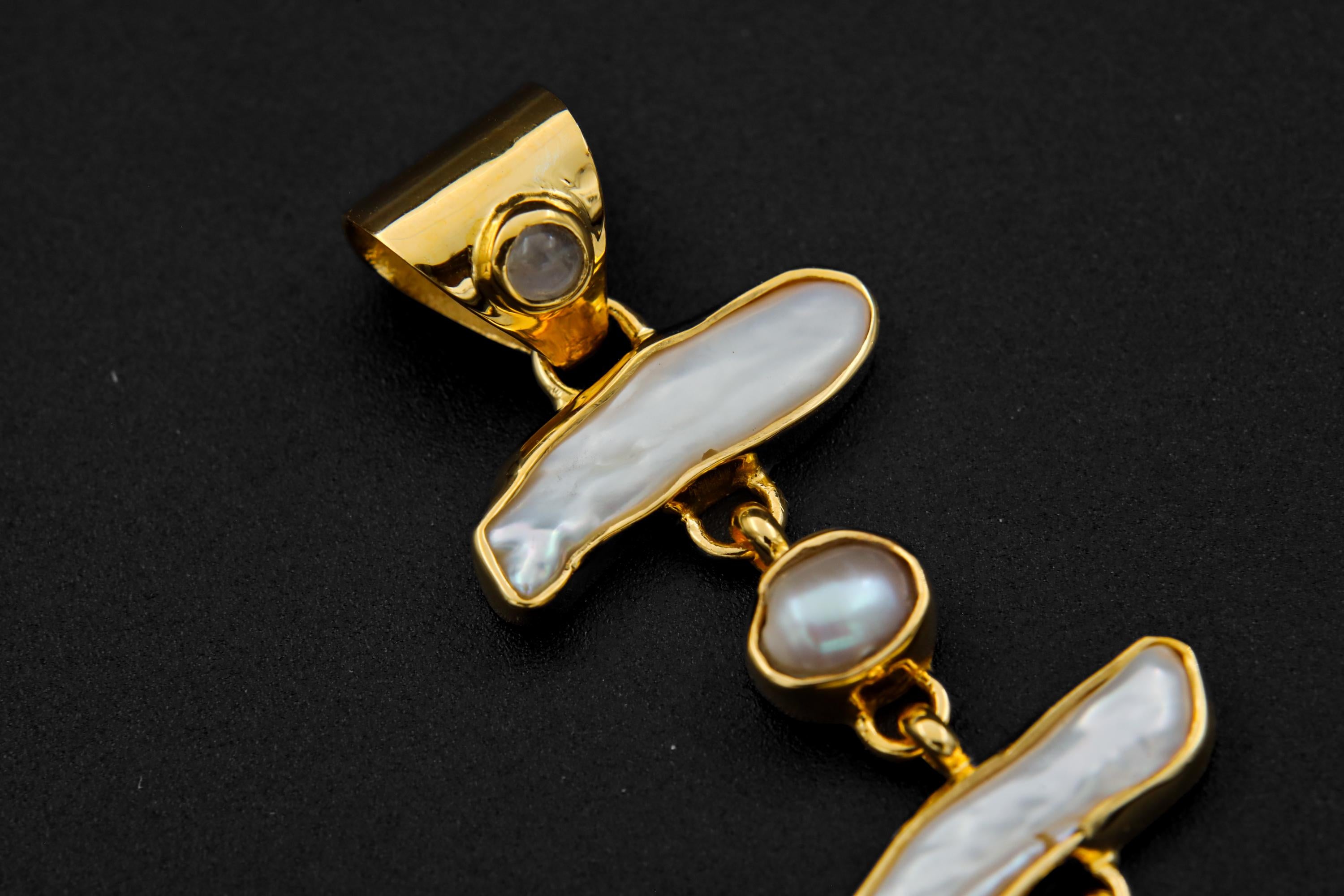 Blue Moonstone and Baroque Pearl Cascade Pendant, 18K Gold-Plated Sterling Silver, Crown & Heart Chakra, Cancer Zodiac, Unique Gift