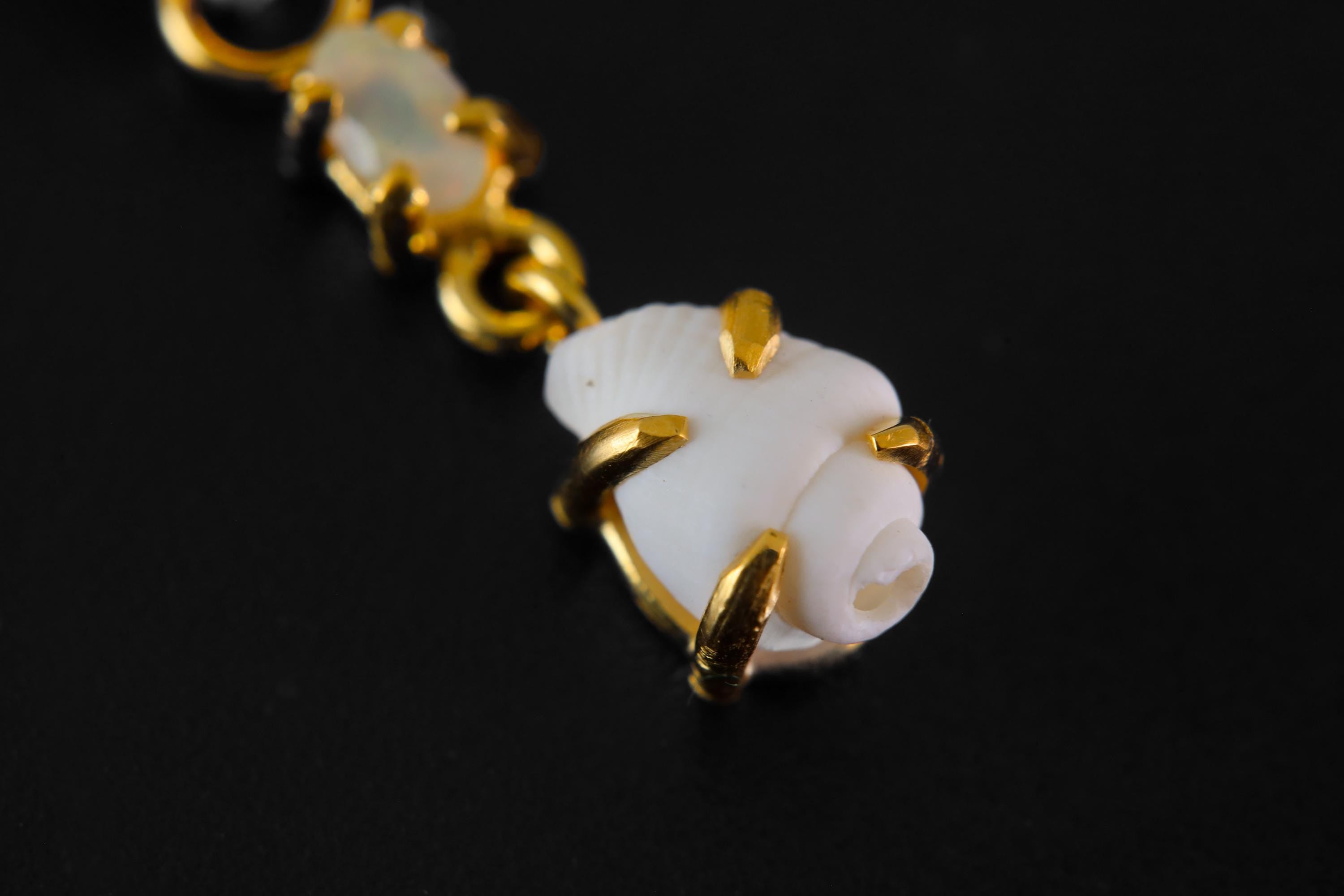 Crowned Square Blue Moonstone Pendant with Rainbow Ethiopian Opal & Semi-Fossilized Shell, 18K Gold-Plated Sterling Silver, Unique Gift