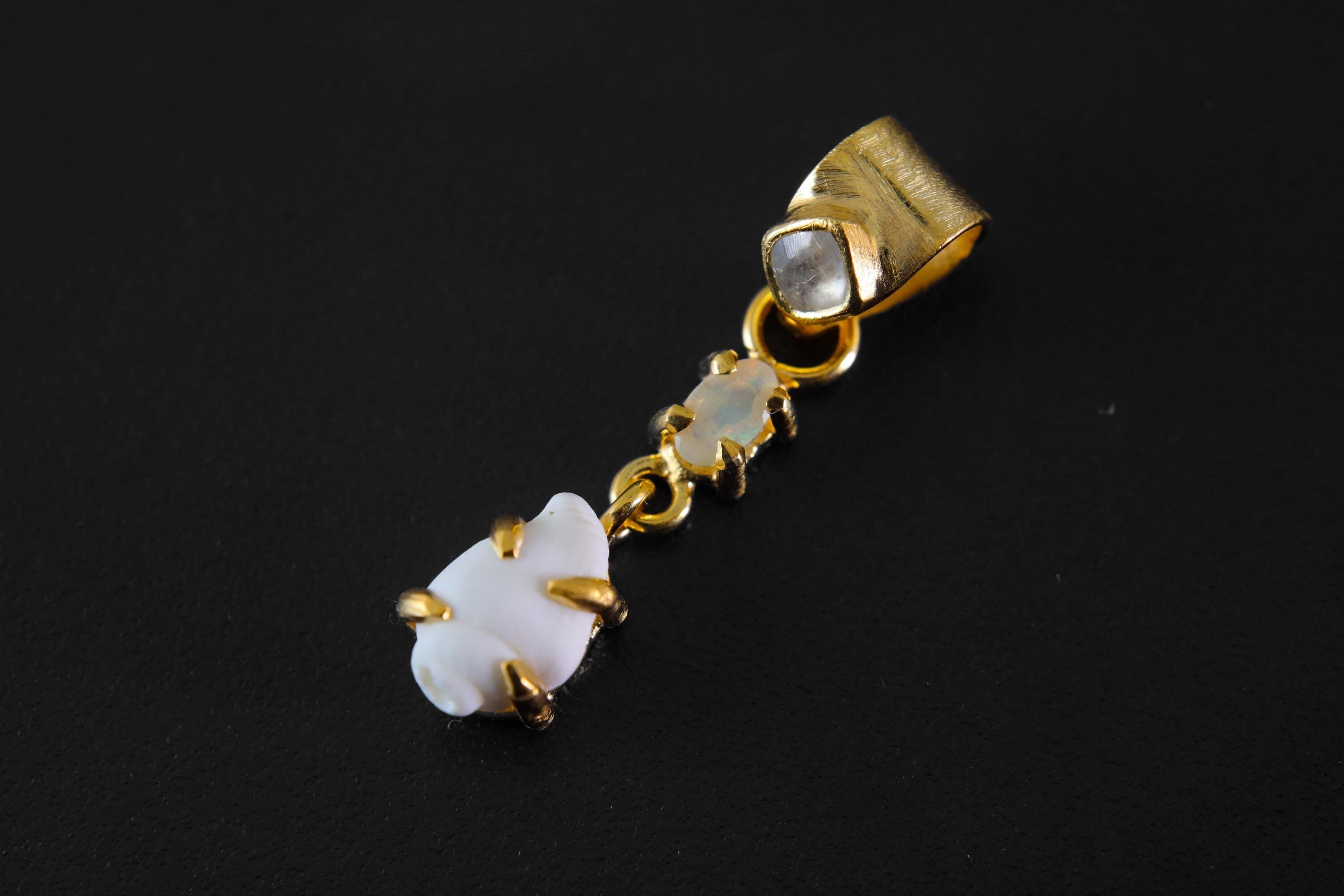 Crowned Square Blue Moonstone Pendant with Rainbow Ethiopian Opal & Semi-Fossilized Shell, 18K Gold-Plated Sterling Silver, Unique Gift
