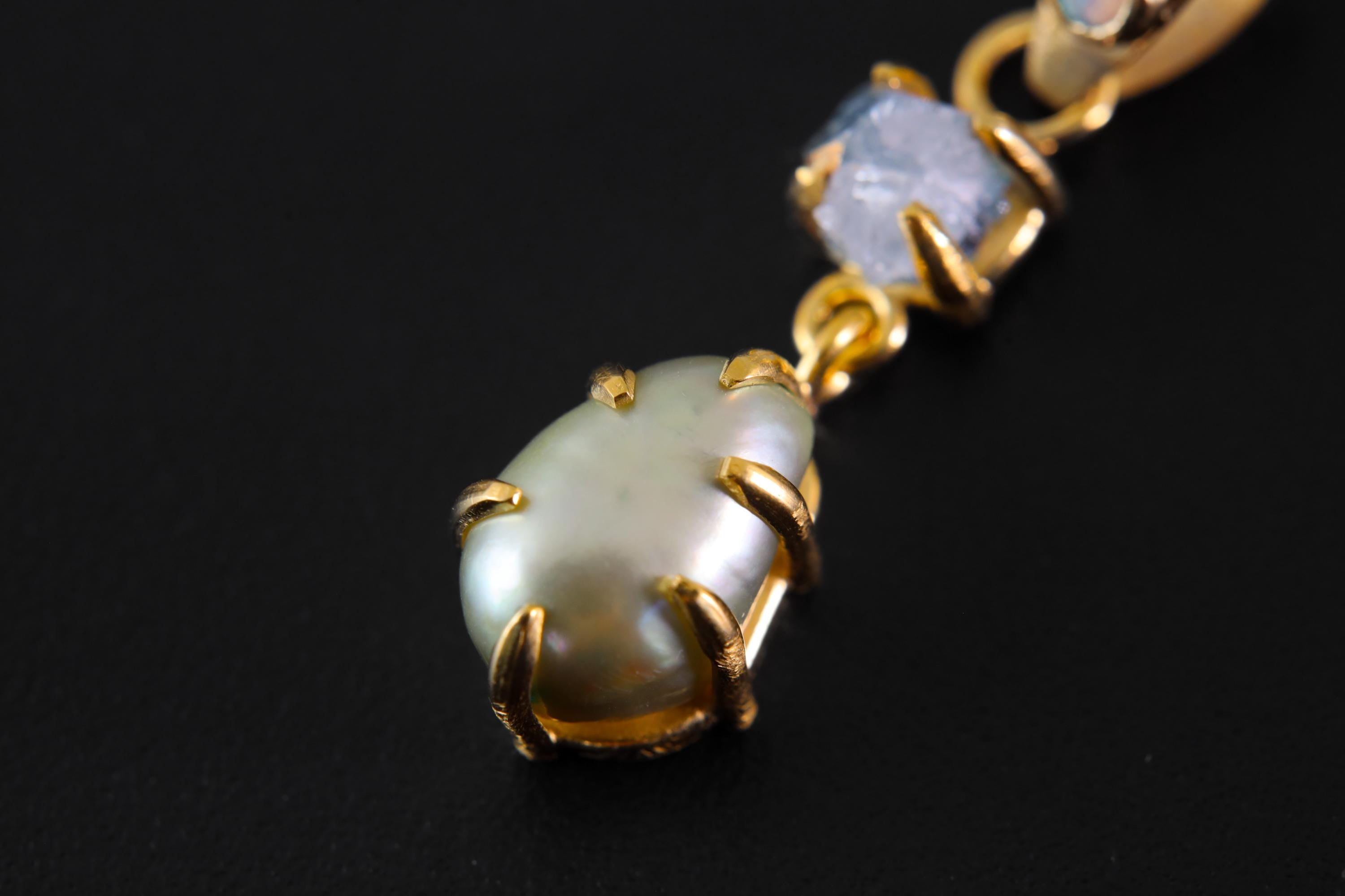Small Solid Lightning Ridge Opal Pendant with Aqua Aura Quartz & Green Pearl, 18K Gold-Plated Sterling Silver, Pisces Zodiac, Unique Gift