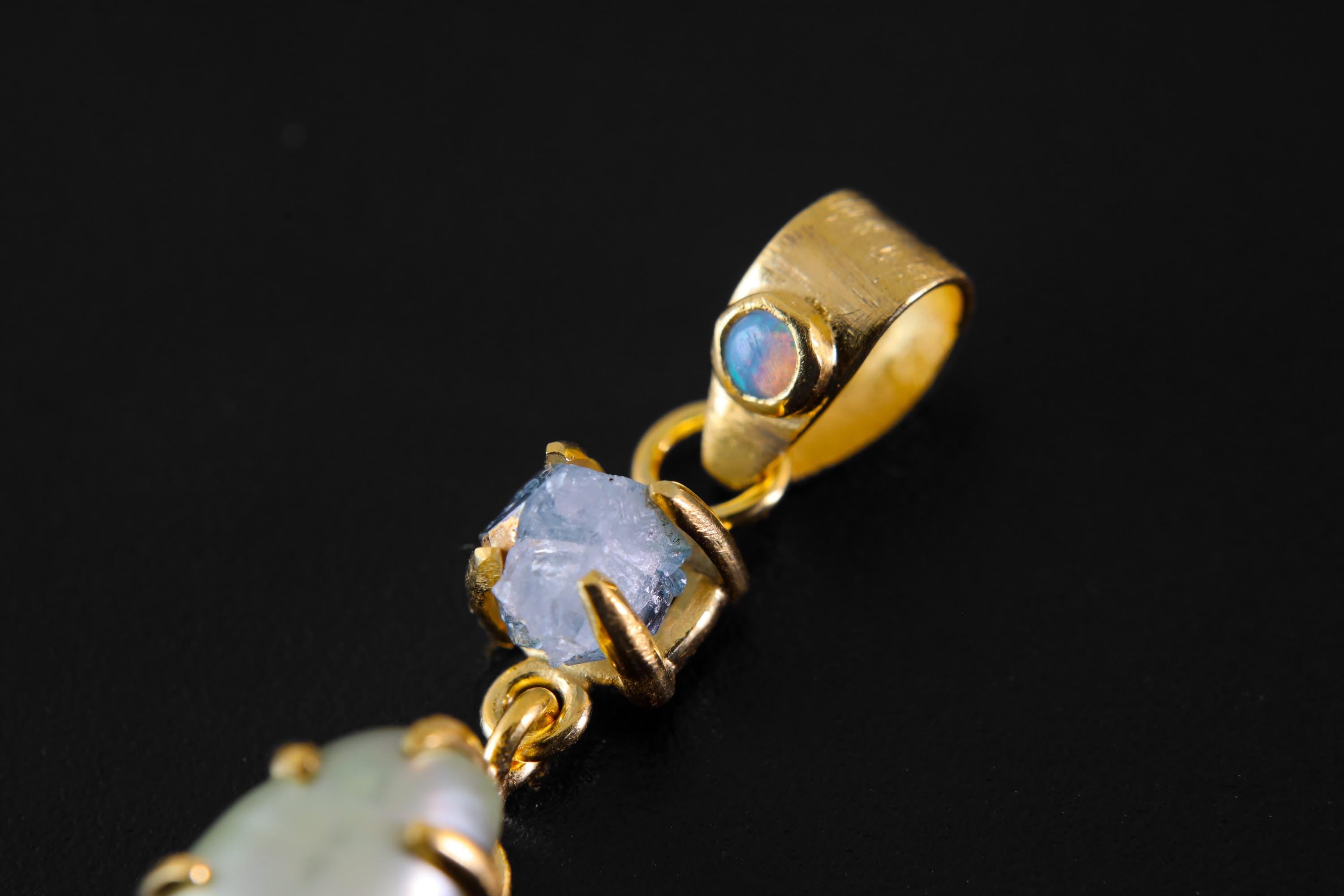 Small Solid Lightning Ridge Opal Pendant with Aqua Aura Quartz & Green Pearl, 18K Gold-Plated Sterling Silver, Pisces Zodiac, Unique Gift