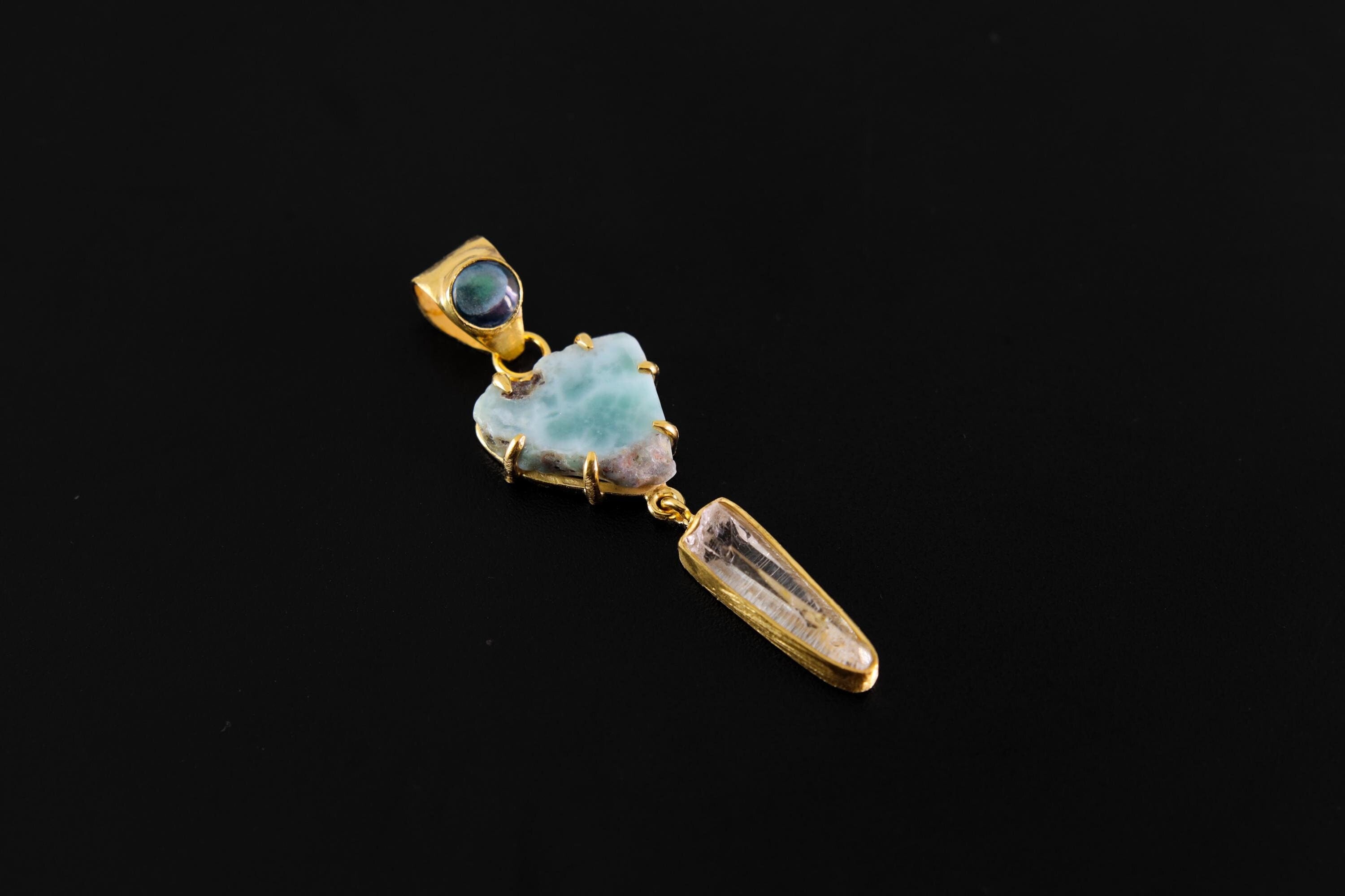 Larimar Slice Pendant with Lemurian Vera Cruz Amethyst, brushed 18K Gold-Plated Sterling Silver, Throat Chakra Charm, Unique Gift